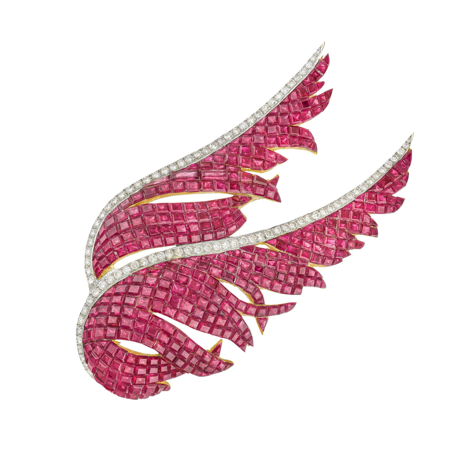 Burma Ruby Invisibly-Set Wings Pin: ESTIMATED RETAIL PRICE: $35,000* *This is the estimated value a piece of similar quality, craftsmanship, and characteristics could command at retail. A Burma ruby invisibly-set wings pin in