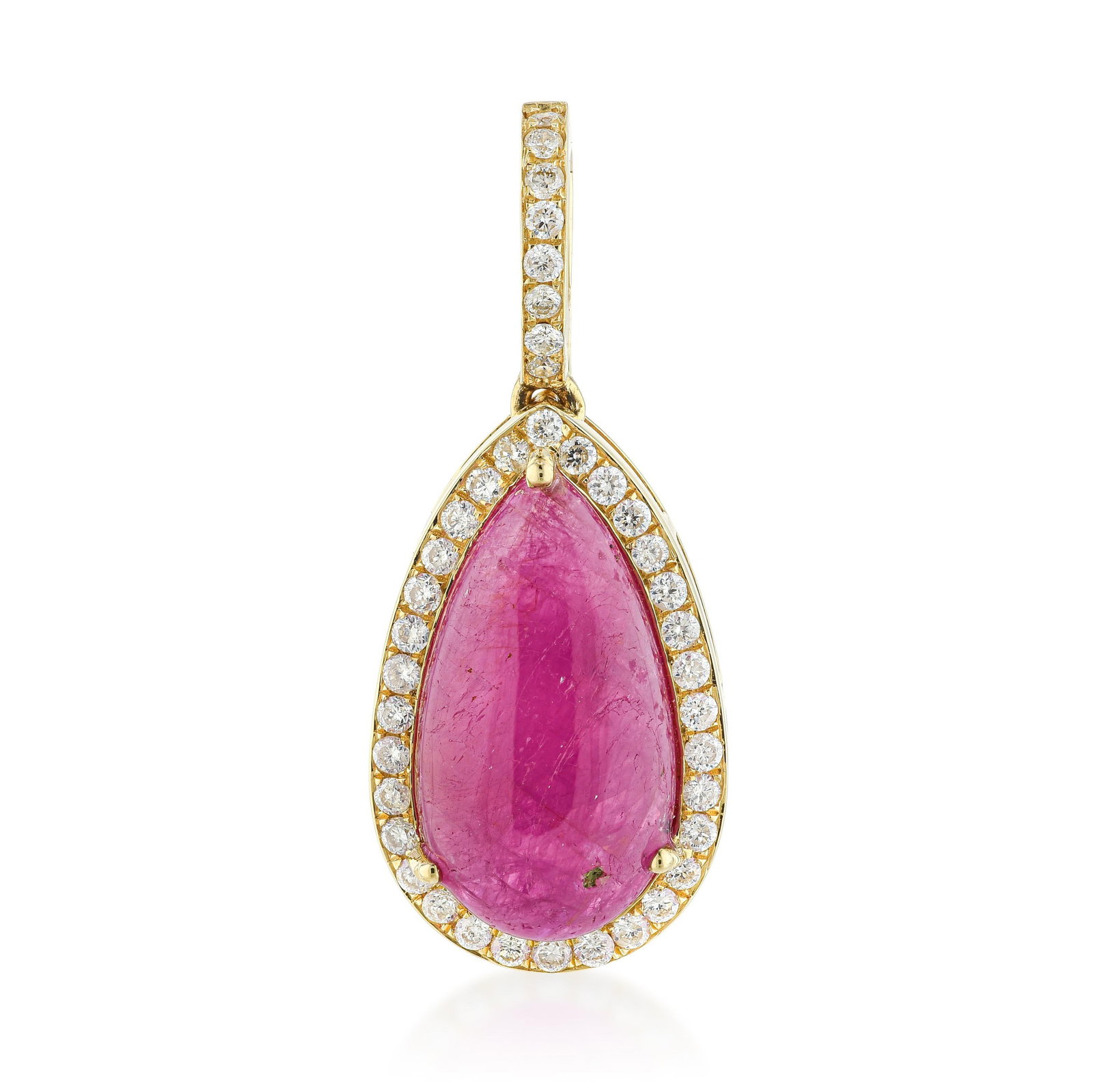 Ruby Pear Shape Cabochon and Diamond Pendant - No Reserve Lot: ESTIMATED RETAIL PRICE: $1,800* *This is the estimated value a piece of similar quality, craftsmanship, and characteristics could command at retail. An 18K yellow gold pendant featuring a