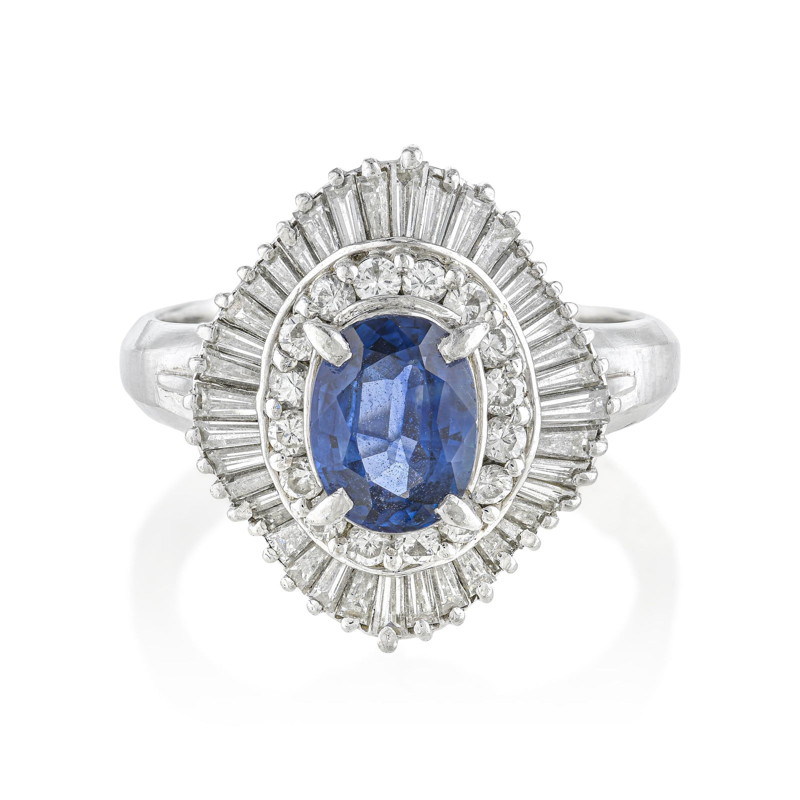 Sapphire and Diamond Ballerina Ring: ESTIMATED RETAIL PRICE: $2,800* *This is the estimated value a piece of similar quality, craftsmanship, and characteristics could command at retail. A 1.05-carat oval sapphire in platinum with