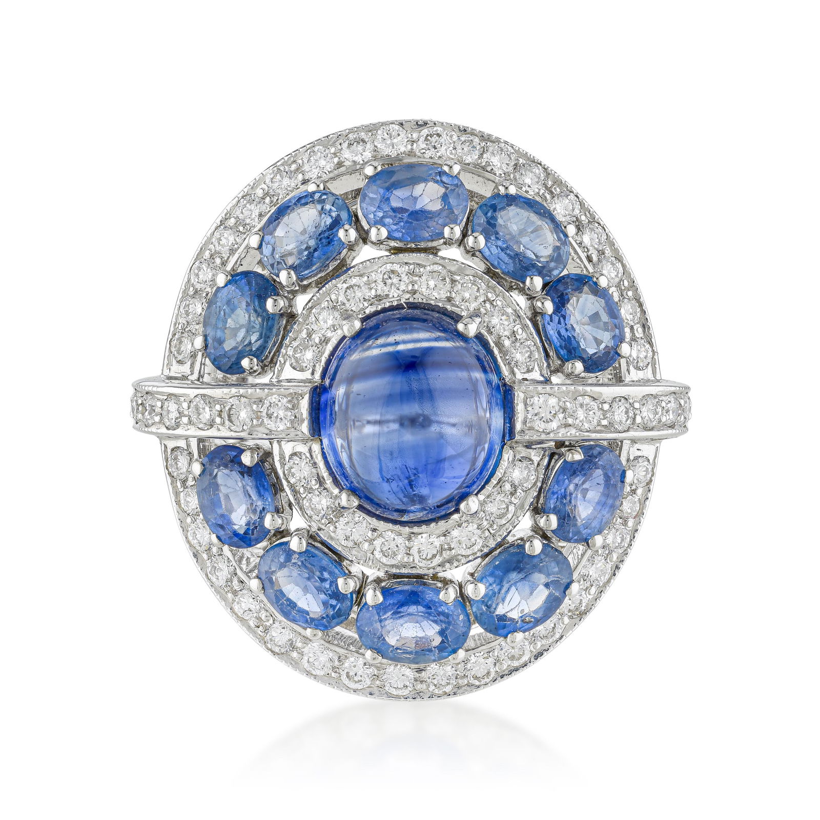 Blue Sapphire and Diamond Ring: ESTIMATED RETAIL PRICE: $8,750* *This is the estimated value a piece of similar quality, craftsmanship, and characteristics could command at retail. A blue sapphire and diamond ring in 18K