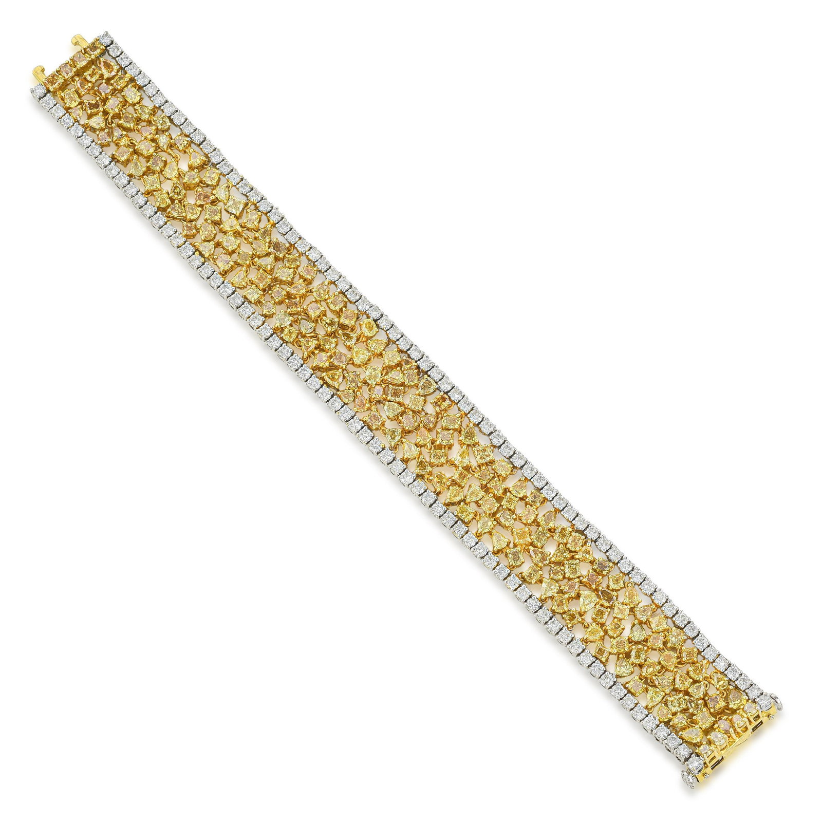 Fancy Diamond Bracelet: ESTIMATED RETAIL PRICE: $80,000* *This is the estimated value a piece of similar quality, craftsmanship, and characteristics could command at retail. A fancy diamond bracelet in 18K yellow gold with 3