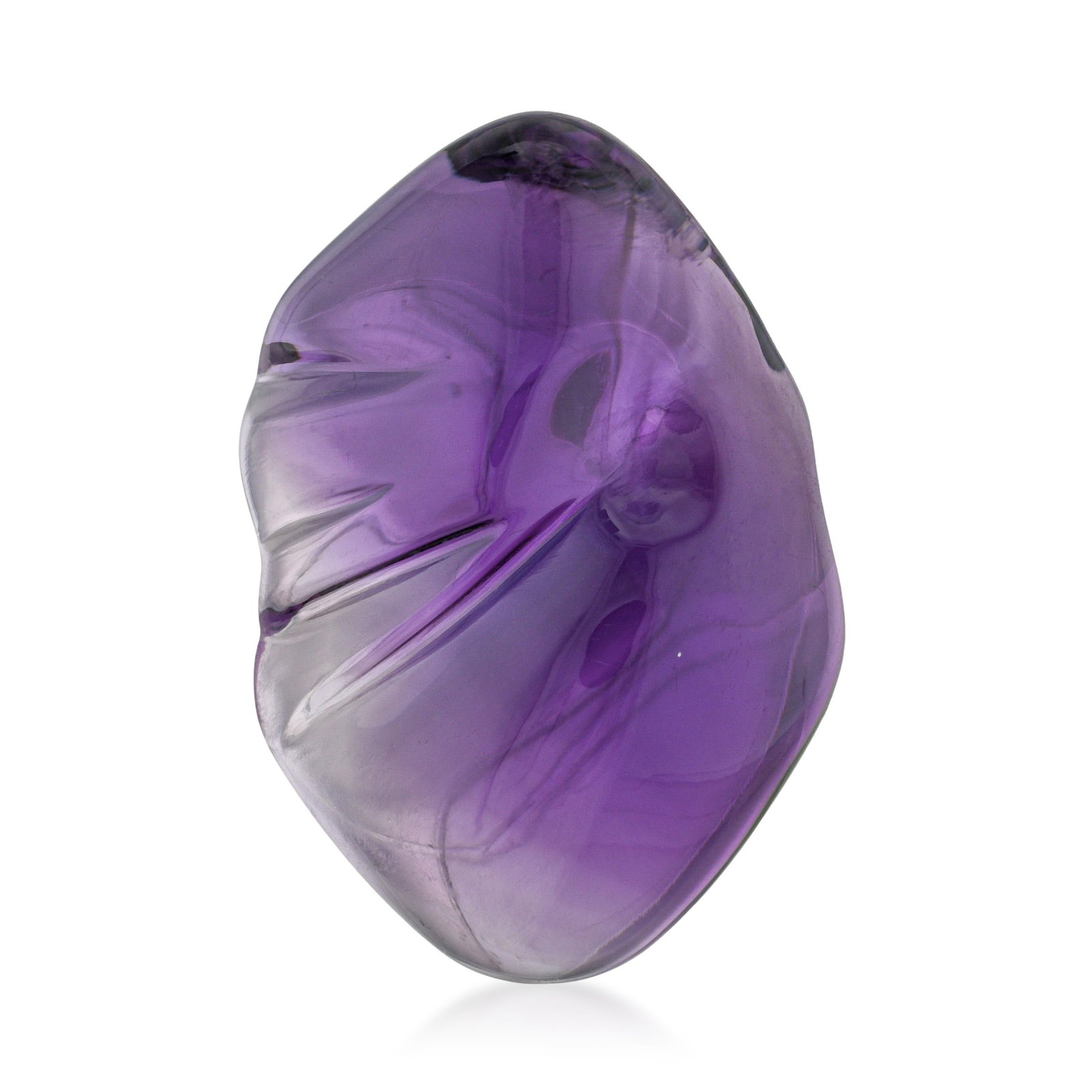 56.00-Carat Freeform Smooth Polished Amethyst Loose Gemstone: A 56-carat freeform smooth polished amethyst: the organic, sculptural form of the freeform polished stone shows amethyst as nature shaped it rather than as the cutter refined it. The purple