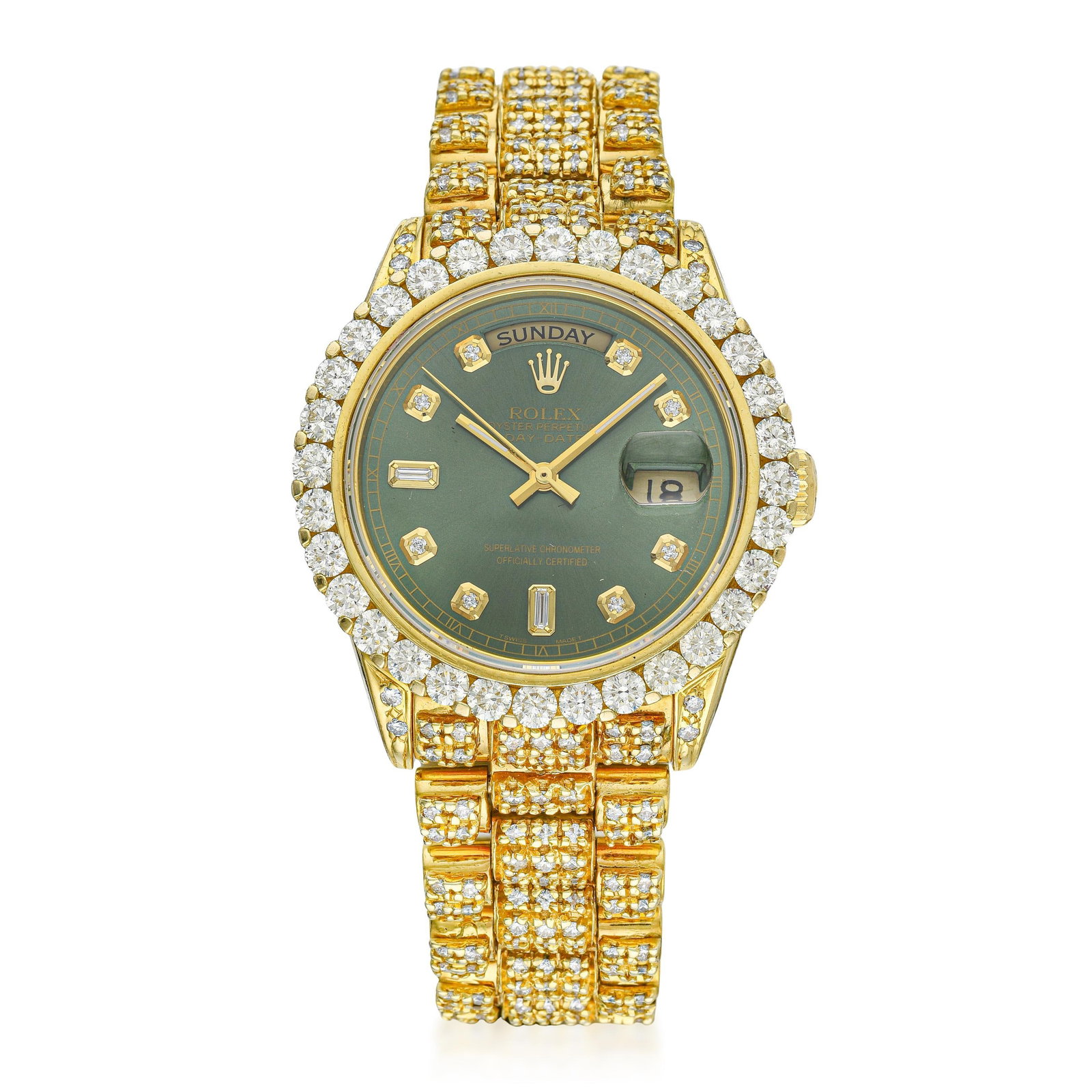 Rolex Day-Date In 18K Gold With Diamonds: ESTIMATED RETAIL PRICE: $50,000**This is the estimated value a piece of similar quality, craftsmanship, and characteristics could command at retail.Summary of Key CharacteristicsCIRCA: 1980 CASE MATER