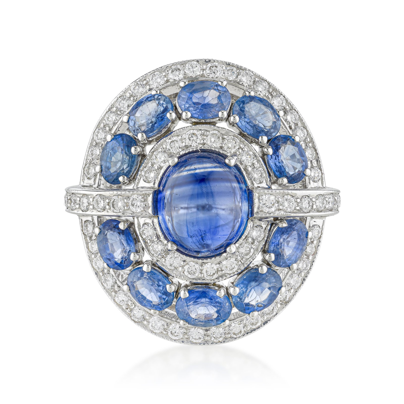 Blue Sapphire and Diamond Ring: ESTIMATED RETAIL PRICE: $8,750* *This is the estimated value a piece of similar quality, craftsmanship, and characteristics could command at retail. A blue sapphire and diamond ring in 18K