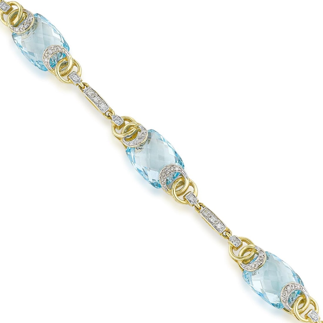 Blue Topaz and Diamond Bracelet: ESTIMATED RETAIL PRICE: $3,800* *This is the estimated value a piece of similar quality, craftsmanship, and characteristics could command at retail. A blue topaz and diamond station bracelet