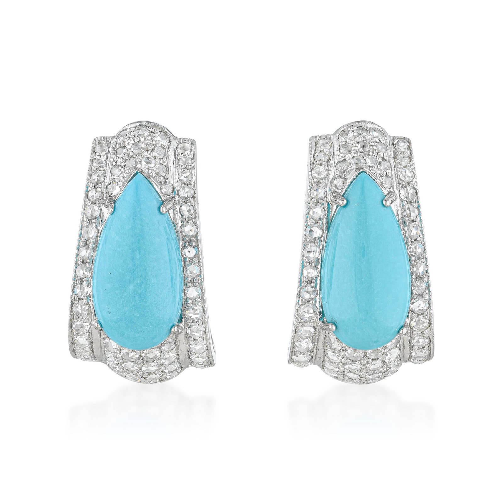 Turquoise and Rose Cut Diamond Earrings: ESTIMATED RETAIL PRICE: $7,000* *This is the estimated value a piece of similar quality, craftsmanship, and characteristics could command at retail. Turquoise and rose-cut diamond earrings in