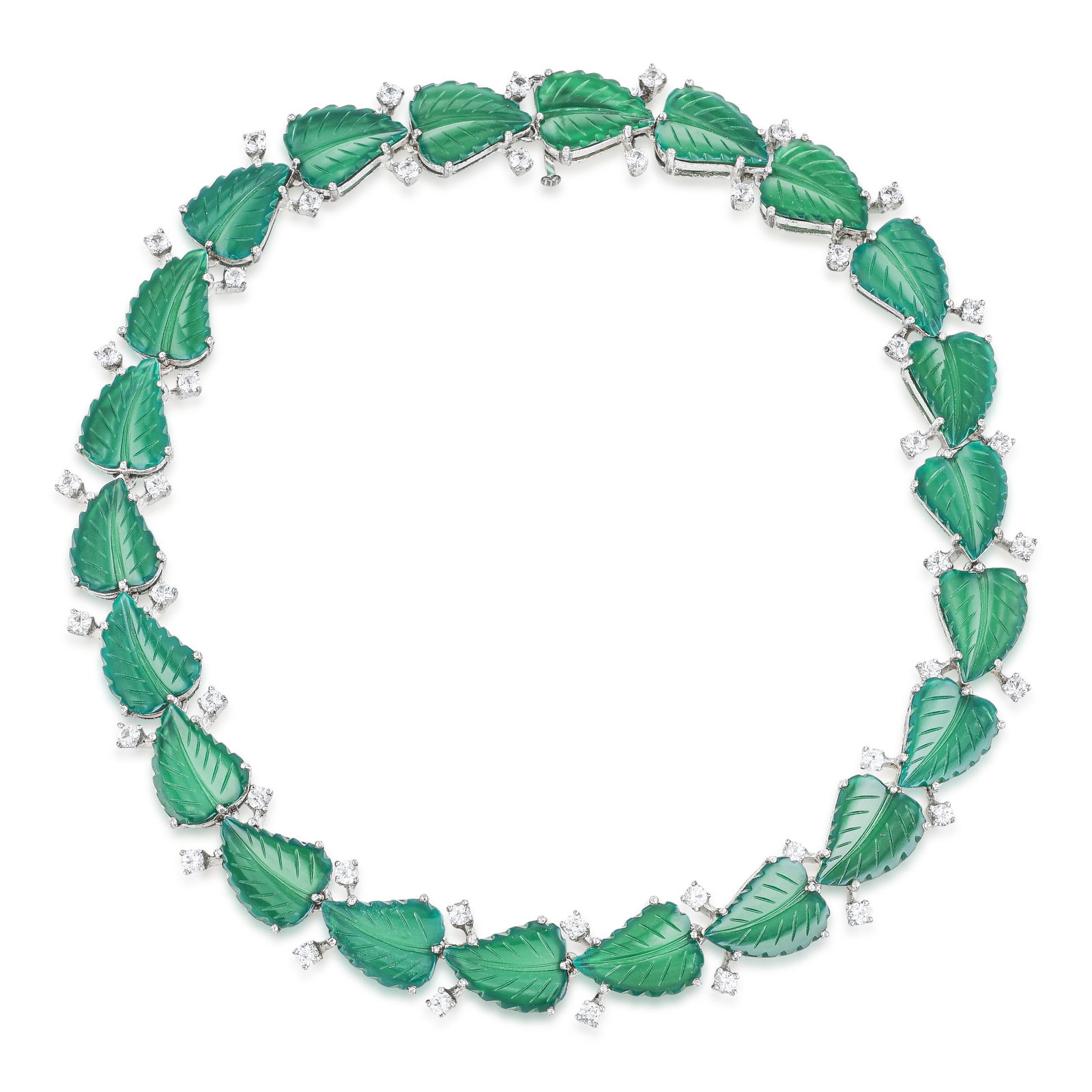 Green Chalcedony Leaves And Diamond Necklace And Bracelet Set: ESTIMATED RETAIL PRICE: $2,200* *This is the estimated value a piece of similar quality, craftsmanship, and characteristics could command at retail. A green chalcedony leaf necklace and