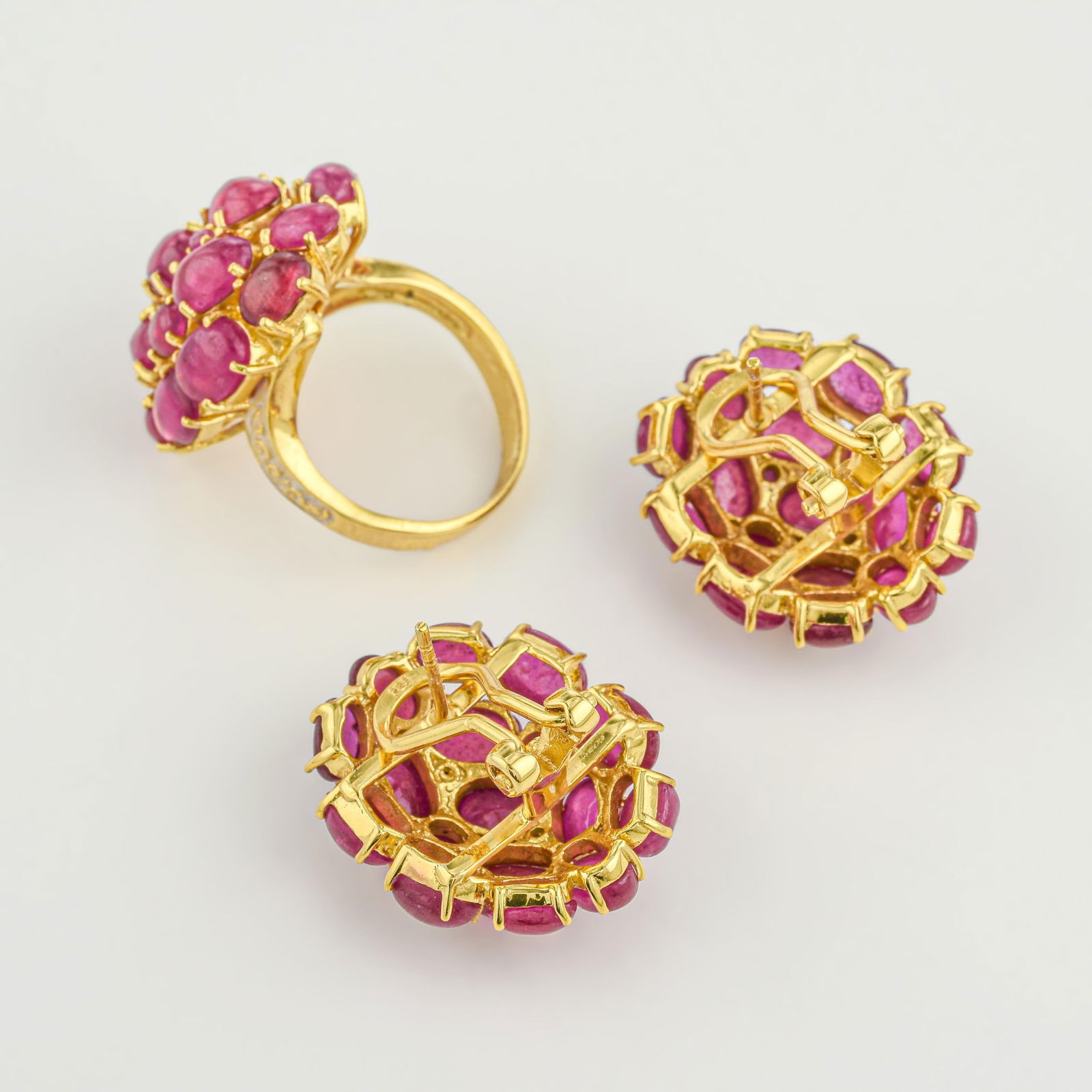 Red Stones Gold Plated Silver Ring and Earrings Set - 2