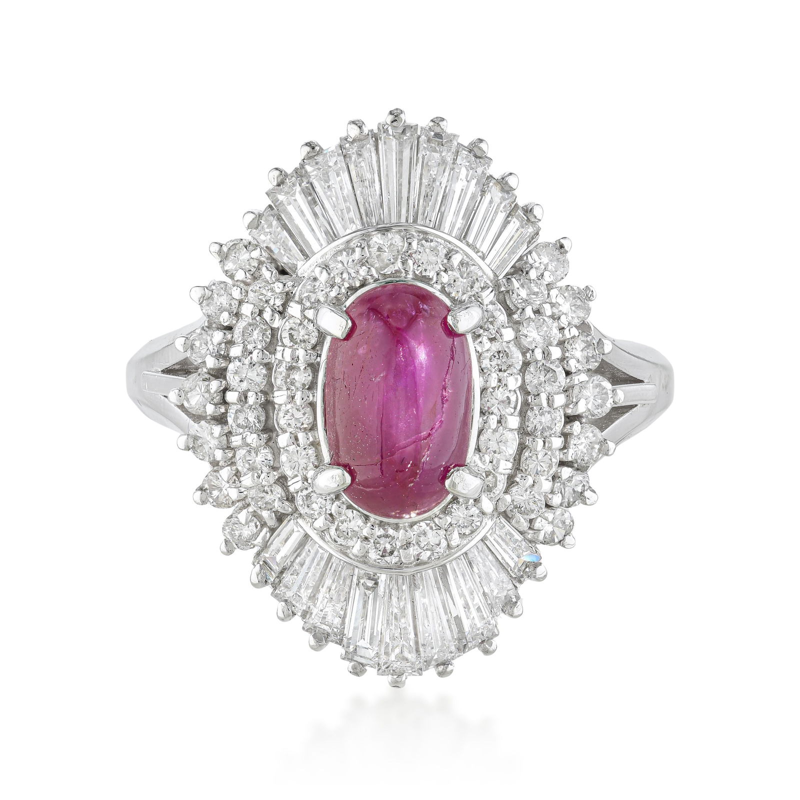 Cabochon Ruby And Diamond Ring - No Reserve: ESTIMATED RETAIL PRICE: $3,000* *This is the estimated value a piece of similar quality, craftsmanship, and characteristics could command at retail. A 1.95-carat cabochon ruby in platinum with