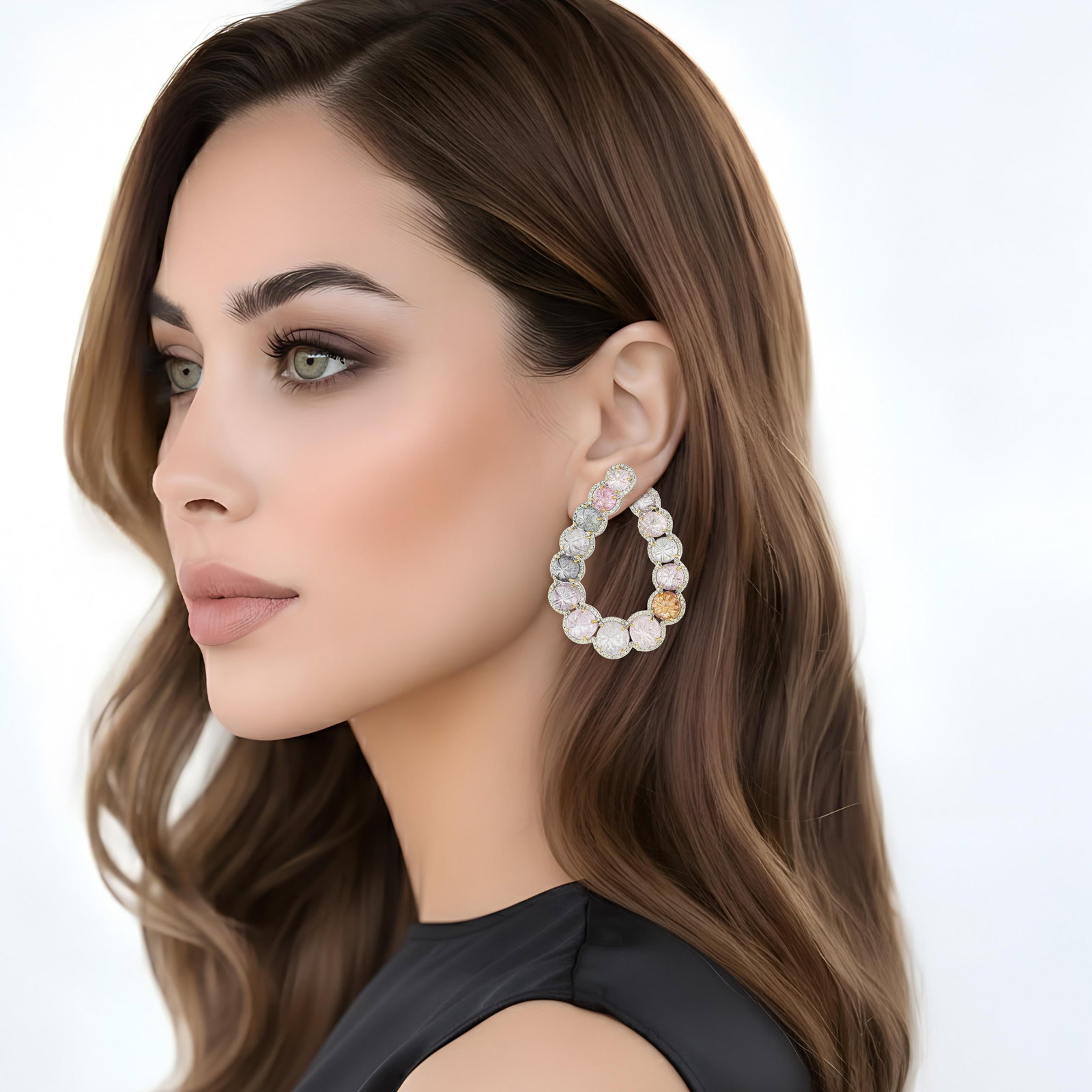 Hand Carved Burmese Spinel and Diamond Hoop Earrings - 3