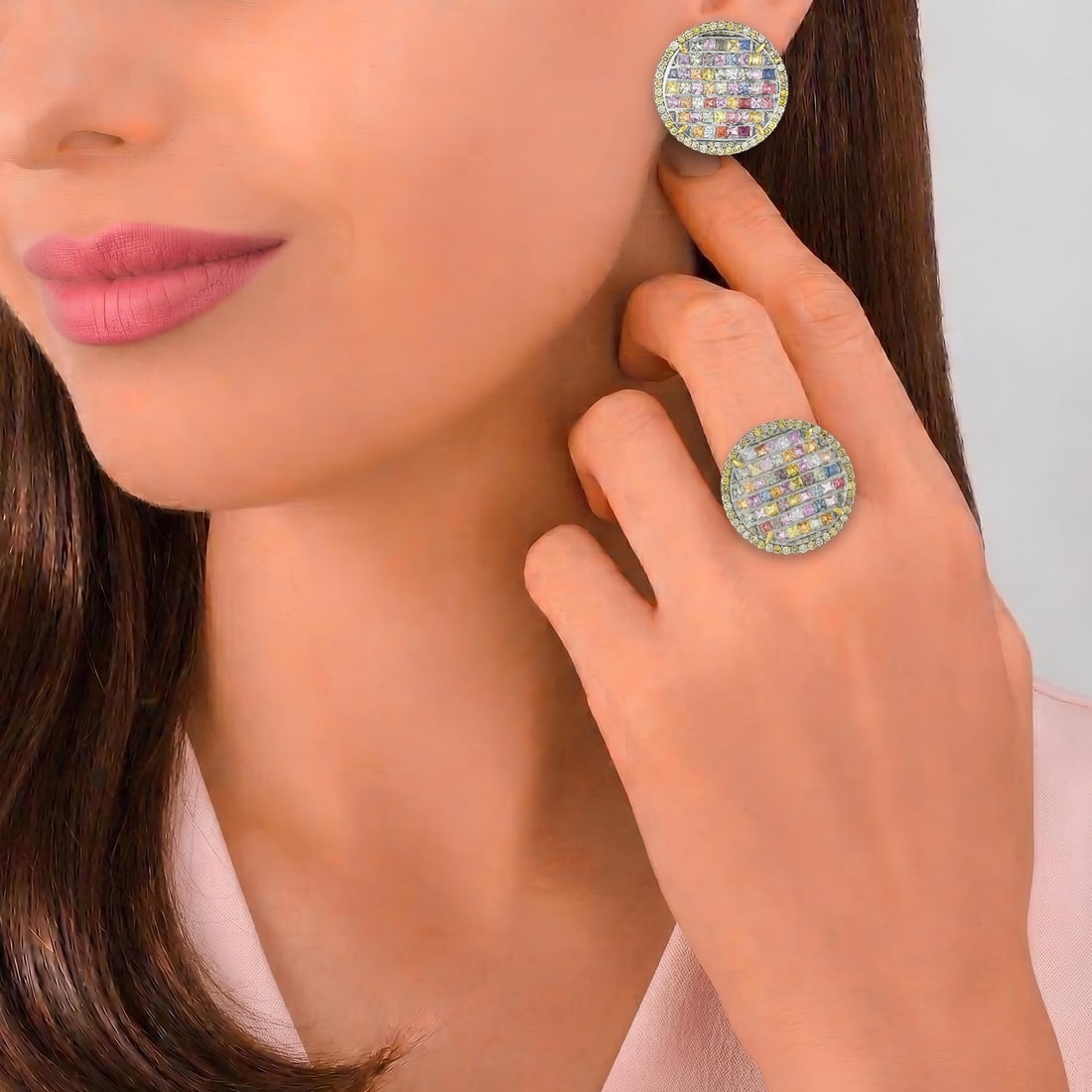 Multi-color Sapphire and Diamond Mosaic Earrings - 2