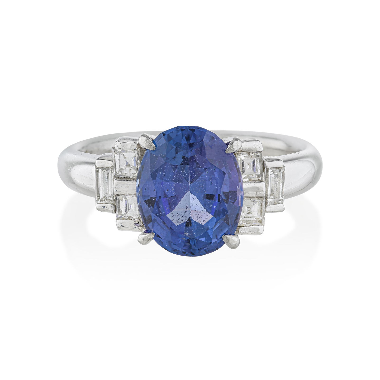 Tanzanite and Diamond Ring: ESTIMATED RETAIL PRICE: $2,200* *This is the estimated value a piece of similar quality, craftsmanship, and characteristics could command at retail. A 2.11-carat oval tanzanite in platinum
