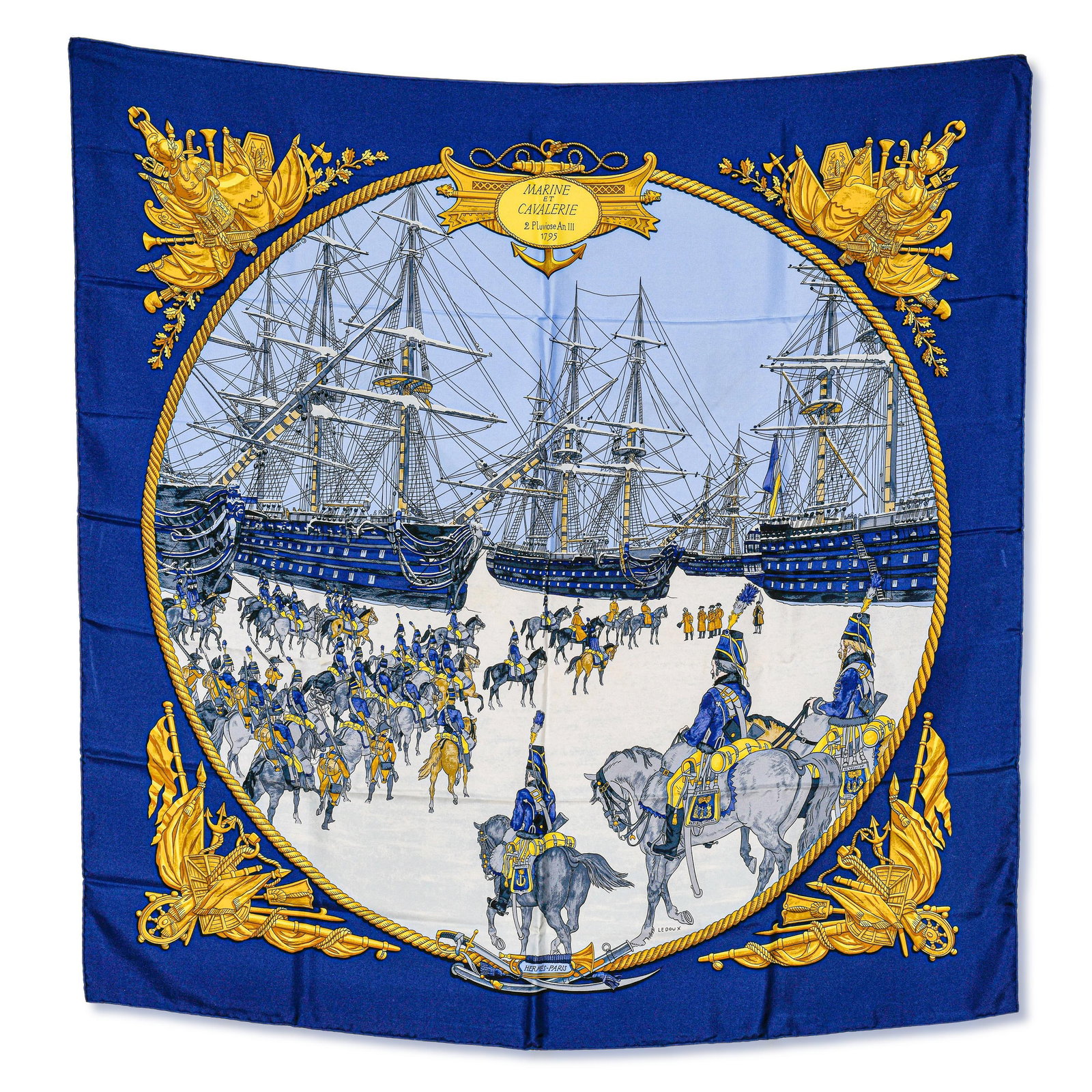 Hermes "Marine et Cavalerie" Silk Scarf Designed by Philippe Ledoux: First Issued: 1966 (This example: Post-1984 Reissue) The Design A masterpiece of the Hermès canon, Marine et Cavalerie commemorates the legendary Battle of Texel (1795)—the only instance