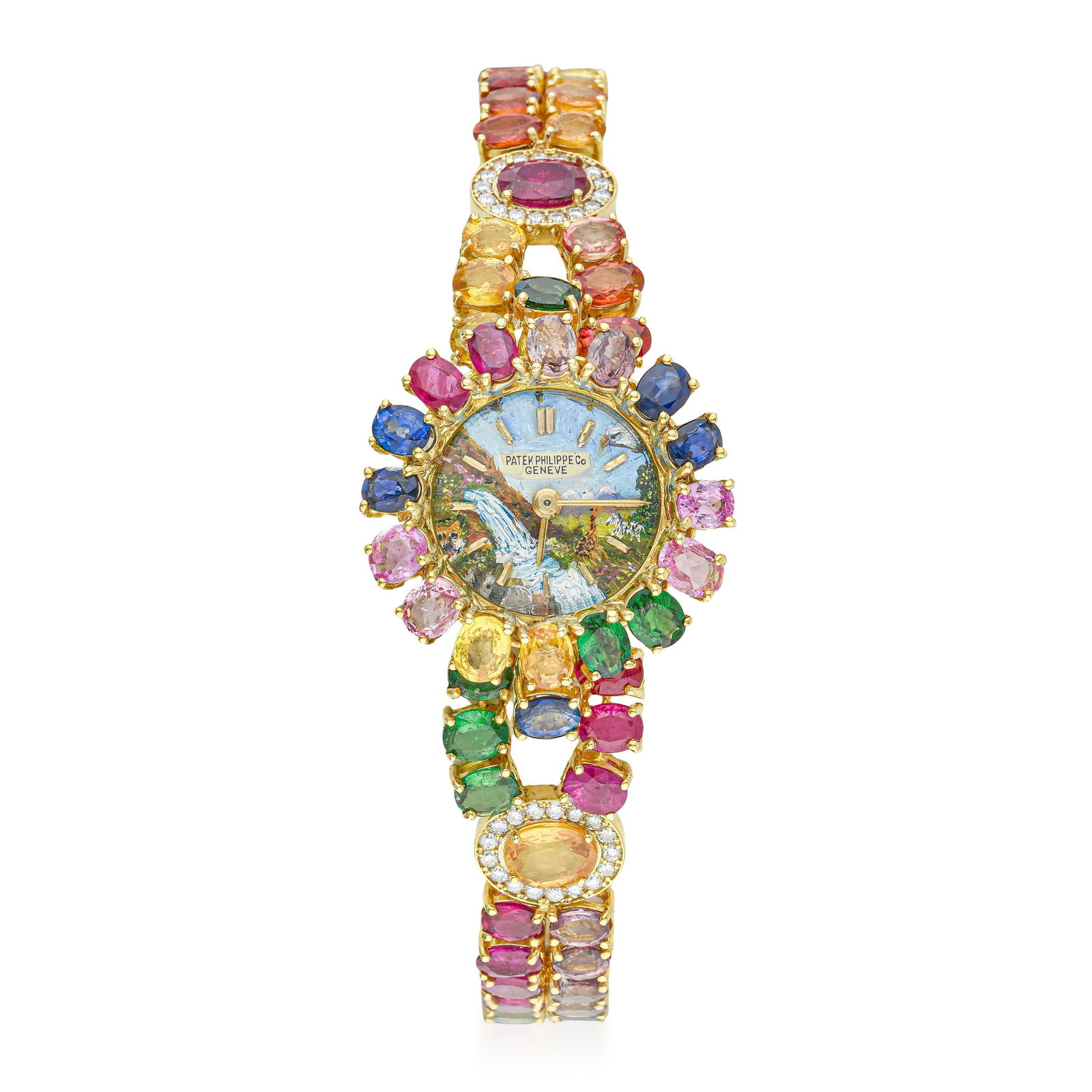 Patek Philippe Ladies' Watch in 18K Gold with Colored Stones: ESTIMATED RETAIL PRICE: $39,000**This is the estimated value a piece of similar quality, craftsmanship, and characteristics could command at retail.The hand-painted landscape dial transforms this watc