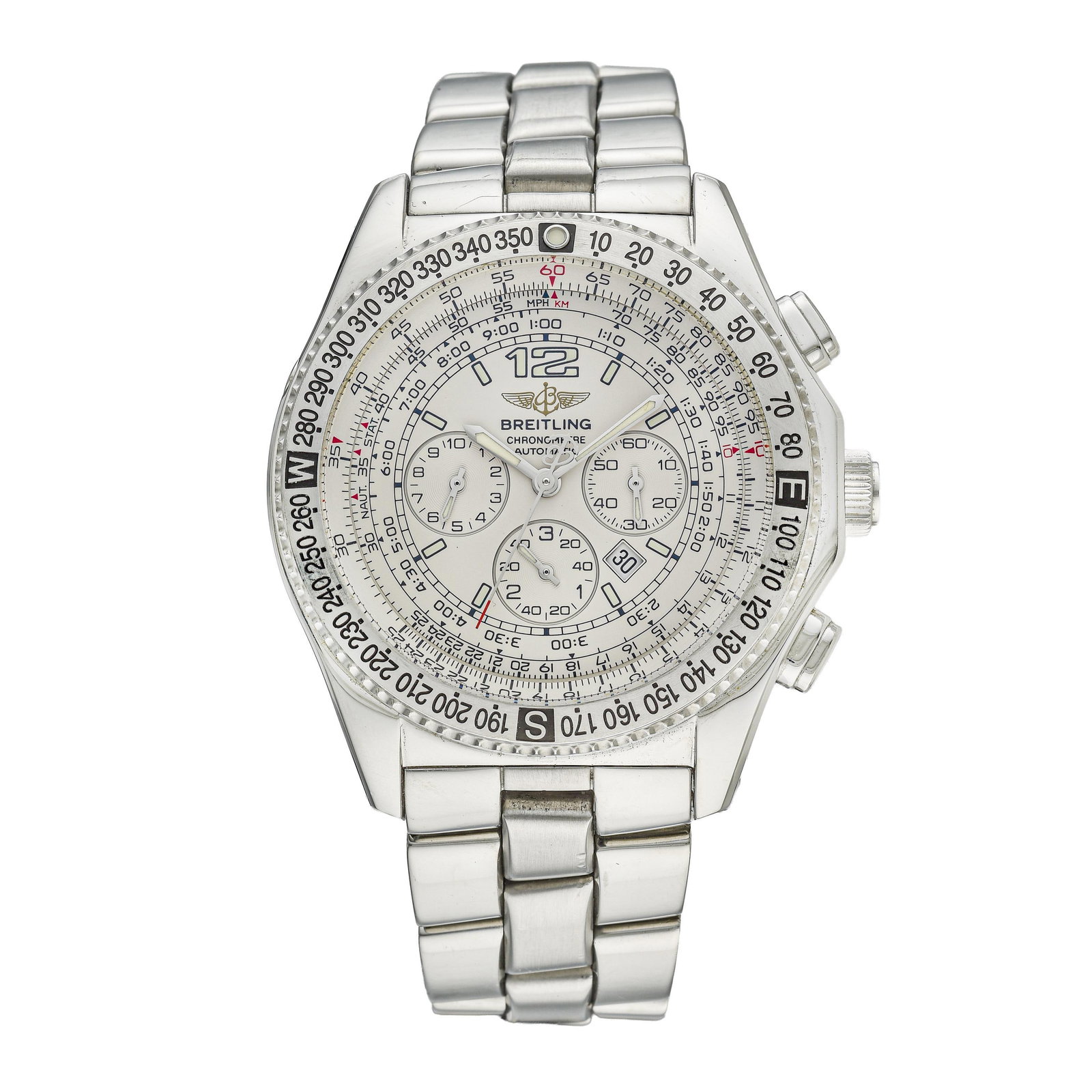 Breitling B2 Chronograph in Steel: Summary of Key CharacteristicsCIRCA: 2000sCASE MATERIAL: Stainless steelDIAL: Opaline white dial with luminous hour markers. Three chronograph subdials. Date aperture at "4:30."CASE DIMENSIONS: 44 mmB