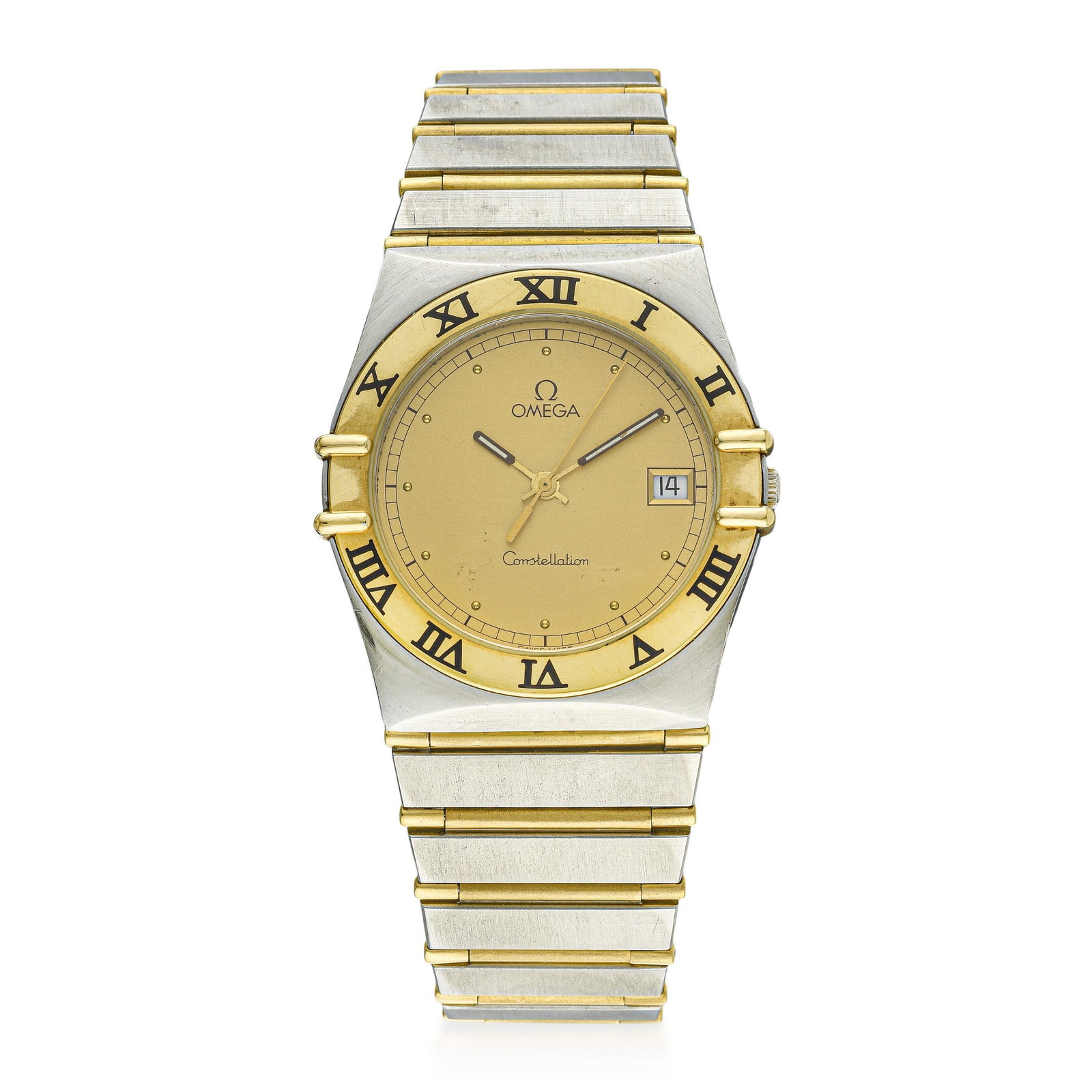 Omega Constellation Manhattan in Steel and Gold Plate: Summary of Key CharacteristicsCIRCA: 1993CASE MATERIAL: Stainless steel with gold plated trimDIAL: Champagne dial with applied hour markers. Date aperture at the "3" hour markerCASE DIMENSIONS: 34 mm