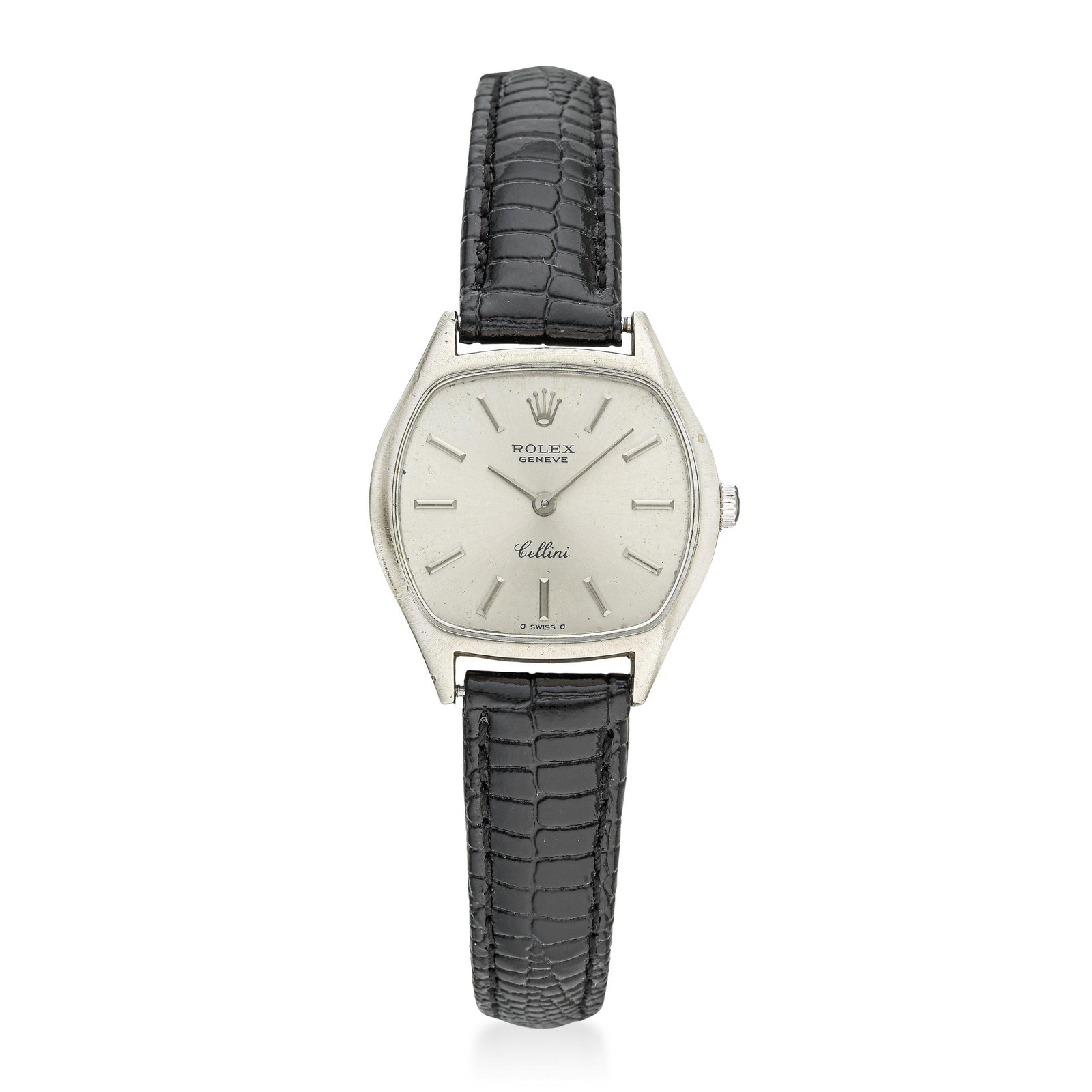 Rolex Cellini Ladies' in 18K White Gold: Summary of Key Characteristics CIRCA: 1973 CASE MATERIAL: 18K white gold DIAL: Sunburst silver dial with applied stick hour markers CASE DIMENSIONS: 26 mm wide x 29 mm lug-to-lug BRACELET MATERIAL: