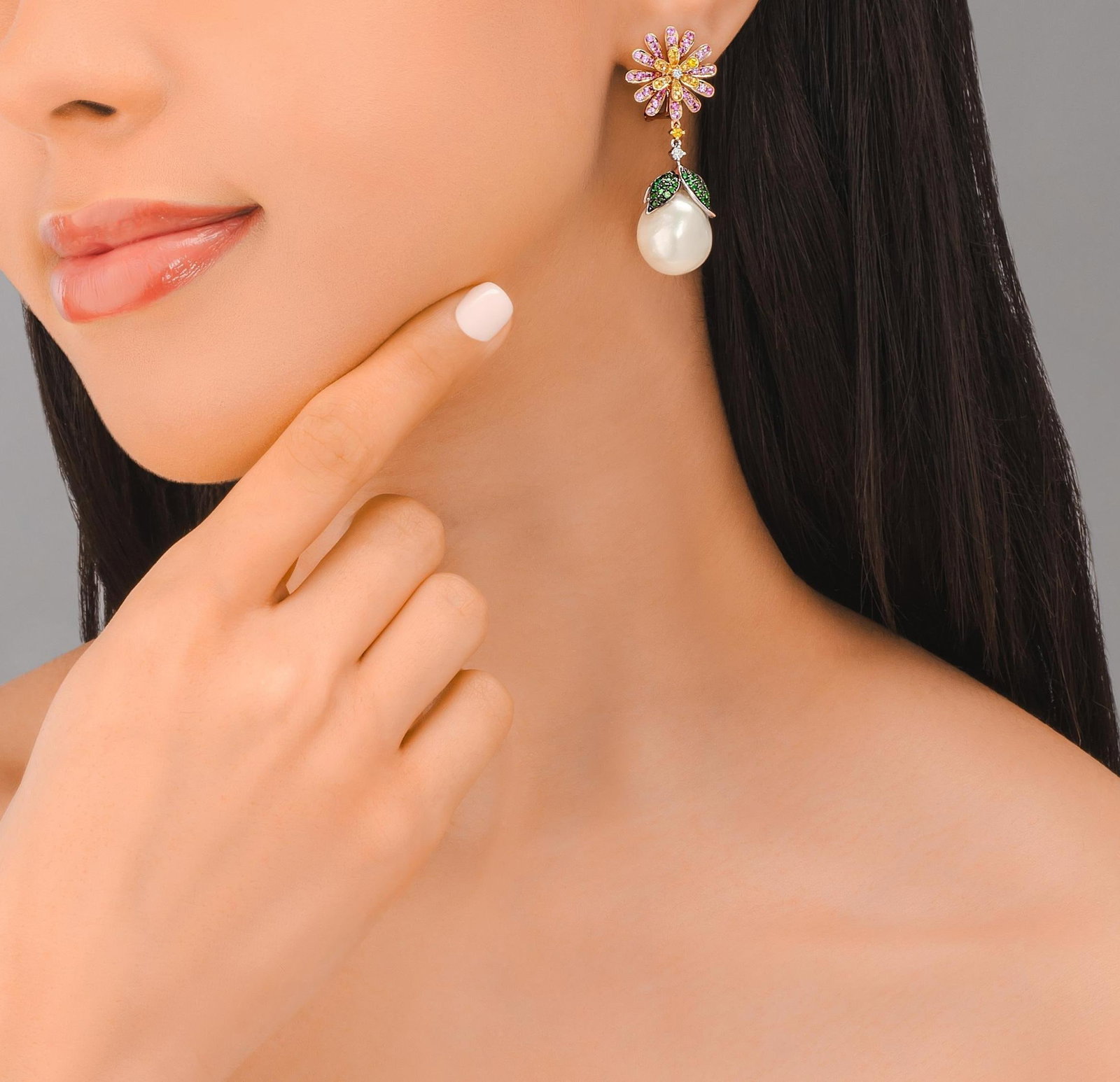 Multi-Colored Sapphire and Pearl Earrings - 2