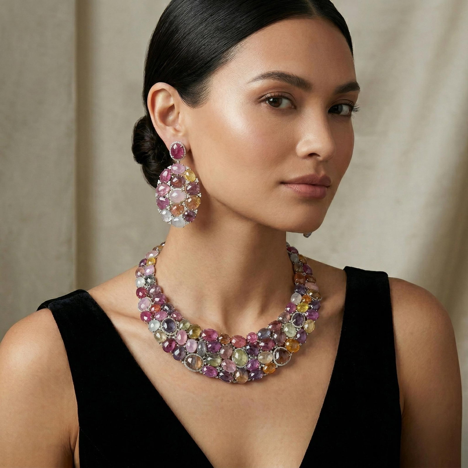 Multicolor Sapphire and Diamond Bib Necklace: ESTIMATED RETAIL PRICE: $11,000* *This is the estimated value a piece of similar quality, craftsmanship, and characteristics could command at retail. 346 carats of sapphires across a 15-3/4-inch