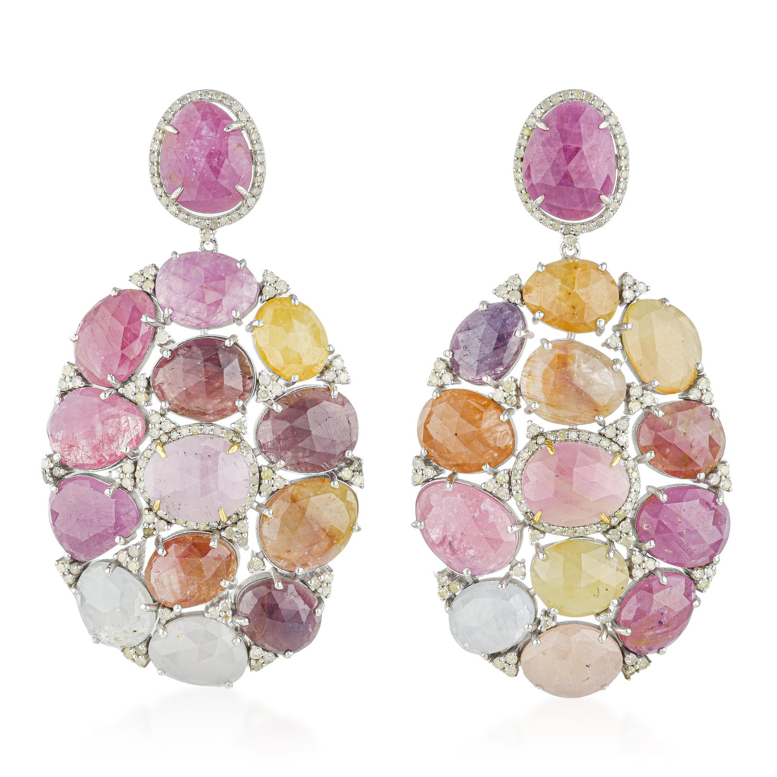 Multicolor Sapphire and Diamond Earrings: ESTIMATED RETAIL PRICE: $3,800* *This is the estimated value a piece of similar quality, craftsmanship, and characteristics could command at retail. Over 100 carats of multicolor sapphires in a