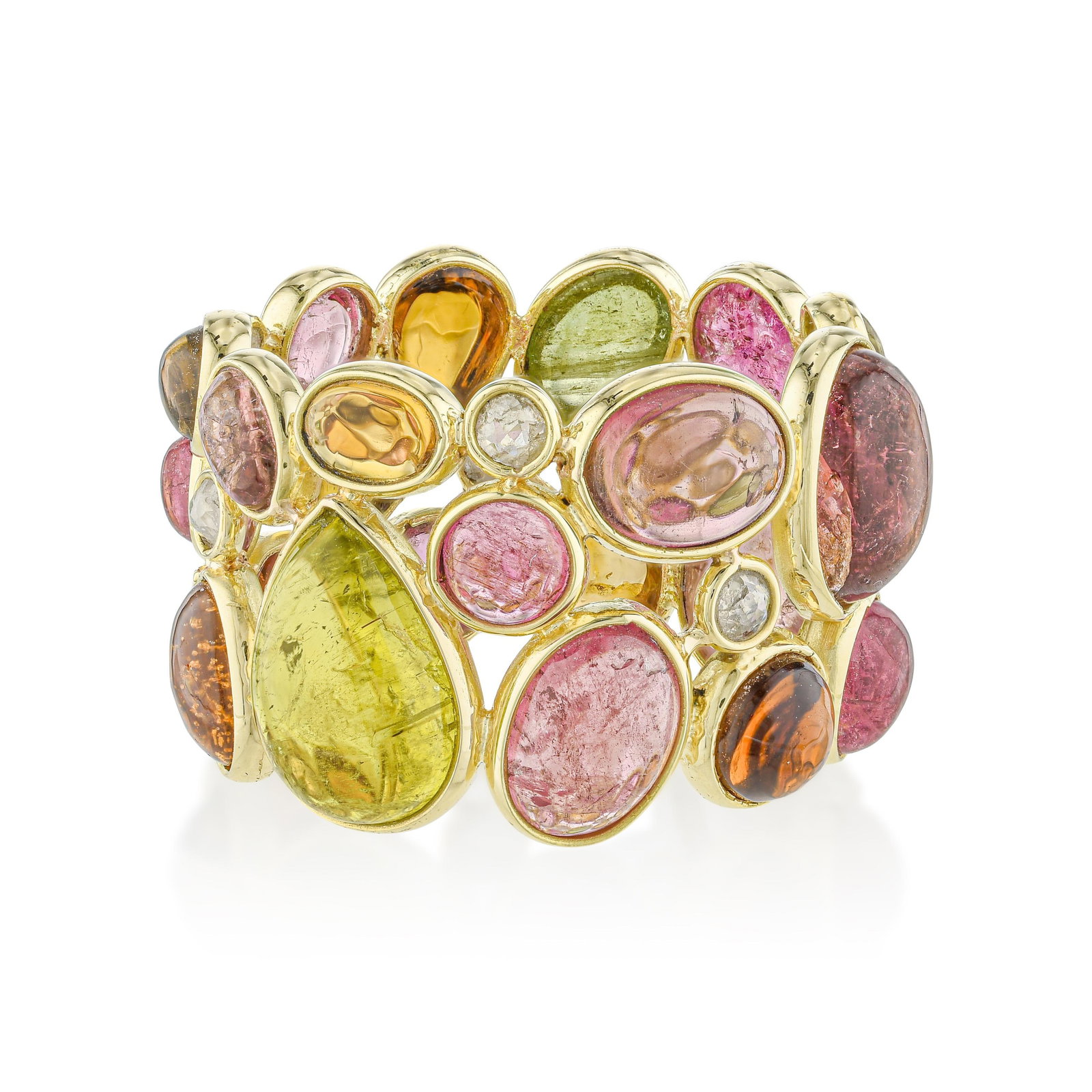 Multicolor Tourmaline and Diamond Stack Ring: ESTIMATED RETAIL PRICE: $2,800**This is the estimated value a piece of similar quality, craftsmanship, and characteristics could command at retail.Tourmaline cabochons present color in its most direct