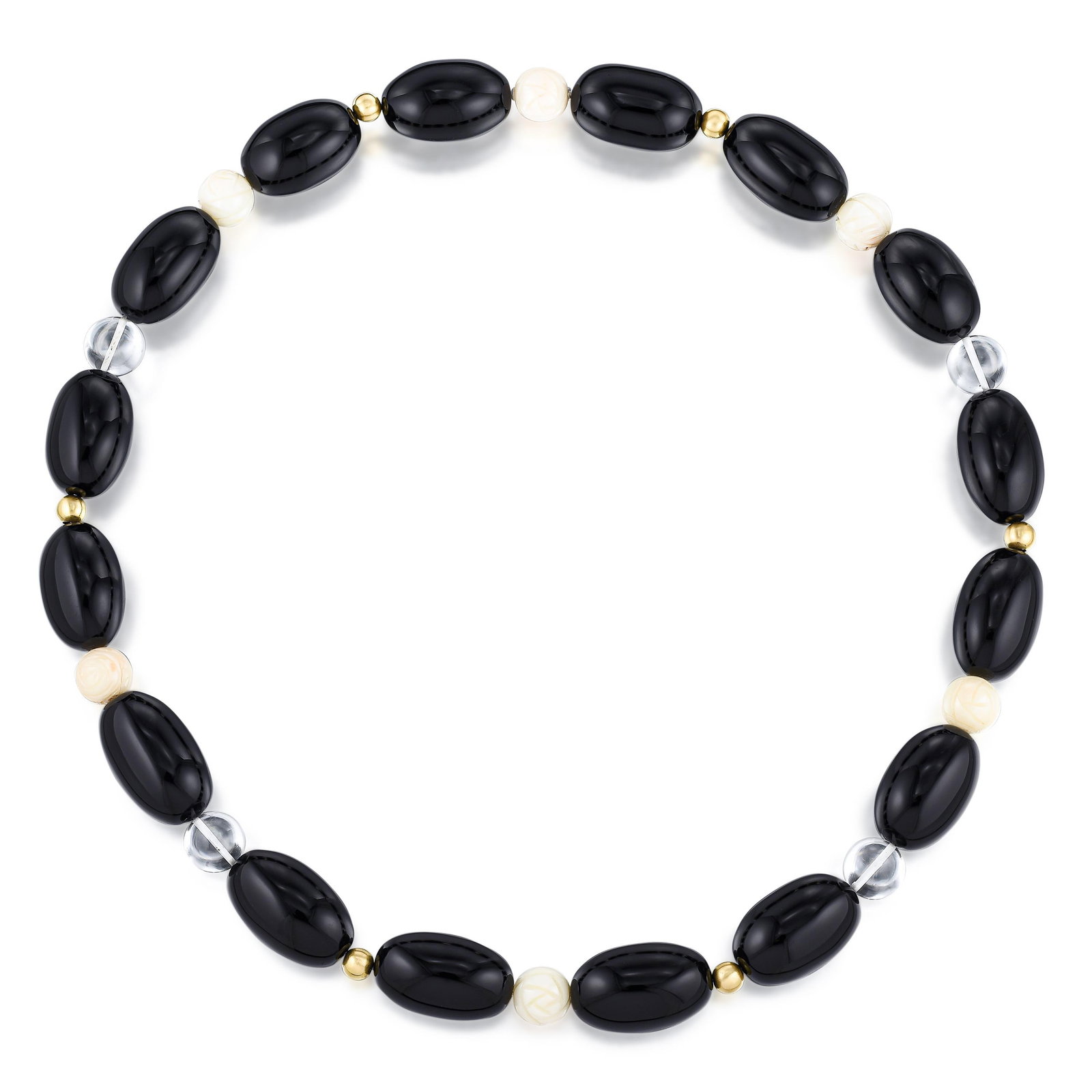Onyx Coral and Crystal Long Necklace: ESTIMATED RETAIL PRICE: $2,400**This is the estimated value a piece of similar quality, craftsmanship, and characteristics could command at retail.At over 315 grams and 32 inches, this necklace announ