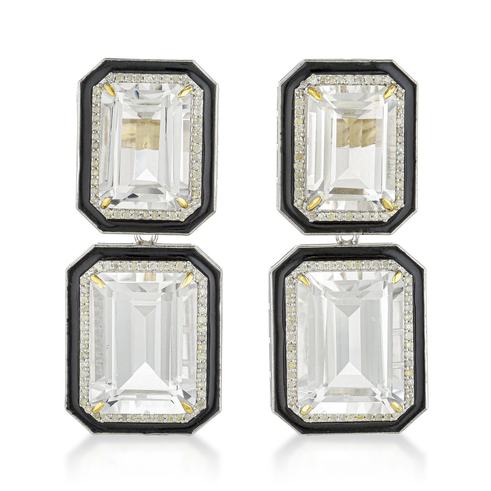Rock Crystal Black Enamel and Diamond Ear Pendants: ESTIMATED RETAIL PRICE: $2,400* *This is the estimated value a piece of similar quality, craftsmanship, and characteristics could command at retail. Rock crystal, pure and colorless quartz, is