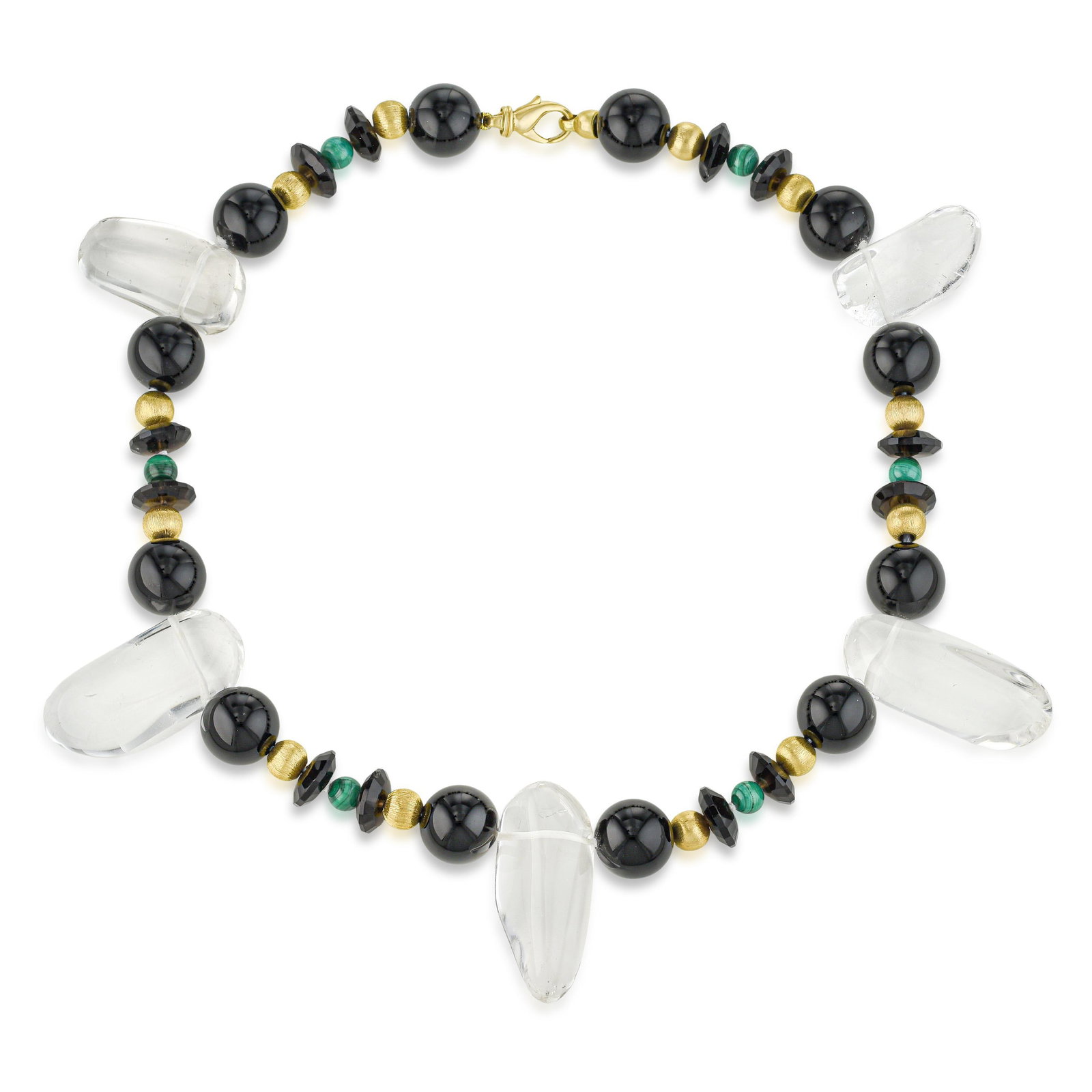 Statement Rock Crystal Point and Polished Onyx Fringe Necklace: ESTIMATED RETAIL PRICE: $4,250* *This is the estimated value a piece of similar quality, craftsmanship, and characteristics could command at retail. Black onyx, green malachite, and clear rock