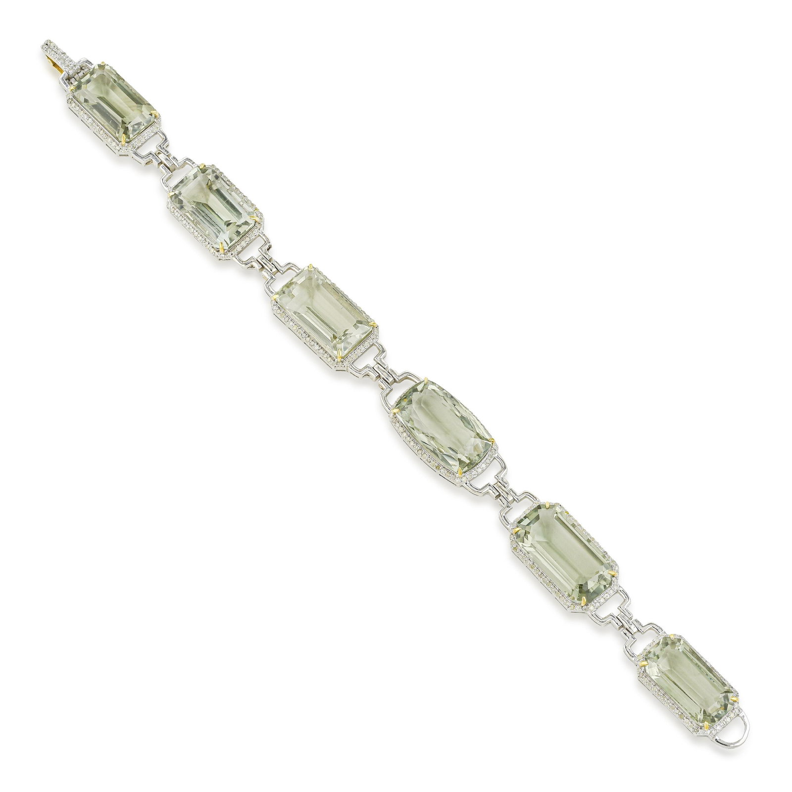 Prasiolite and Diamond Bracelet: ESTIMATED RETAIL PRICE: $3,600* *This is the estimated value a piece of similar quality, craftsmanship, and characteristics could command at retail. Prasiolite at 68 carats in a bracelet creates a