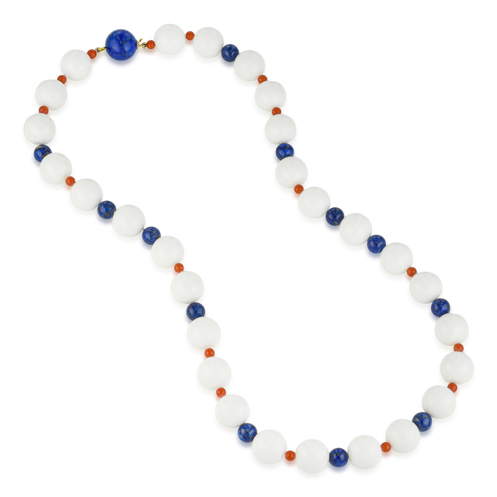 Chalcedony Lapis Lazuli and Coral Bead Necklace: ESTIMATED RETAIL PRICE: $2,200* *This is the estimated value a piece of similar quality, craftsmanship, and characteristics could command at retail. Chalcedony, coral, and lapis lazuli traveled the