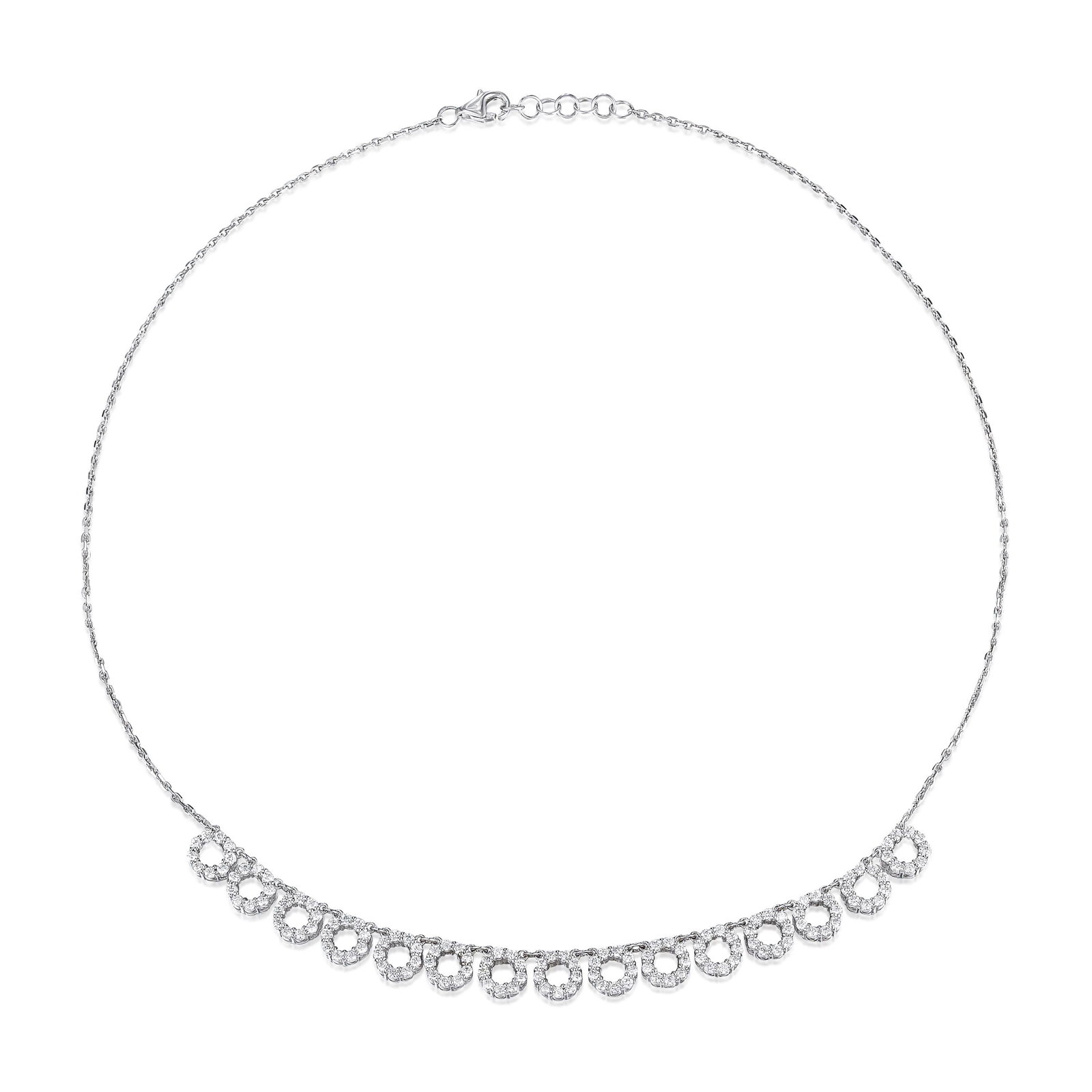 Diamond Circle Necklace: ESTIMATED RETAIL PRICE: $6,750* *This is the estimated value a piece of similar quality, craftsmanship, and characteristics could command at retail. The adjustable length mechanism, shortening from