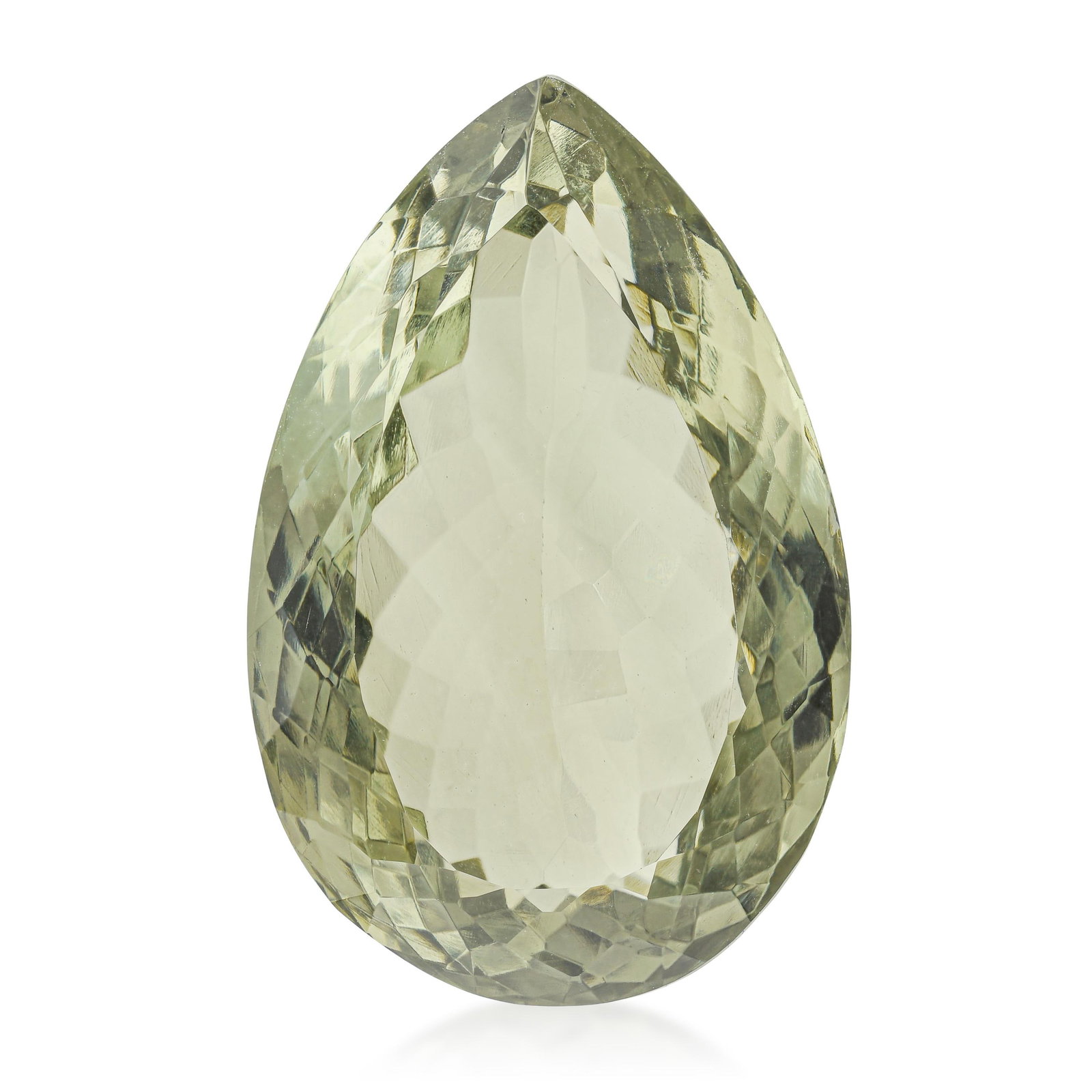 40.30-Carat Pear Fancy Cut Prasiolite: ESTIMATED RETAIL PRICE: $250* *This is the estimated value a piece of similar quality, craftsmanship, and characteristics could command at retail. Prasiolite's pale silvery green, the color of sea
