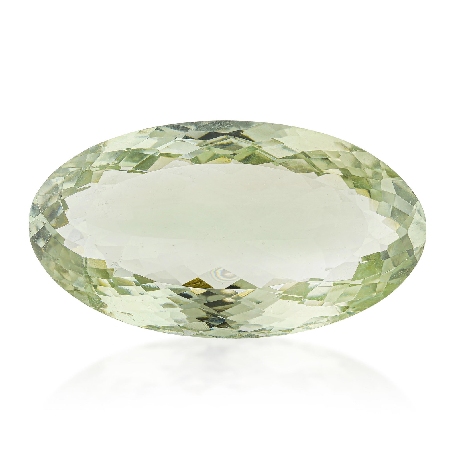 44.67-Carat Oval Fancy Cut Prasiolite: ESTIMATED RETAIL PRICE: $250* *This is the estimated value a piece of similar quality, craftsmanship, and characteristics could command at retail. Over 44 carats of oval prasiolite at 34 millimeters