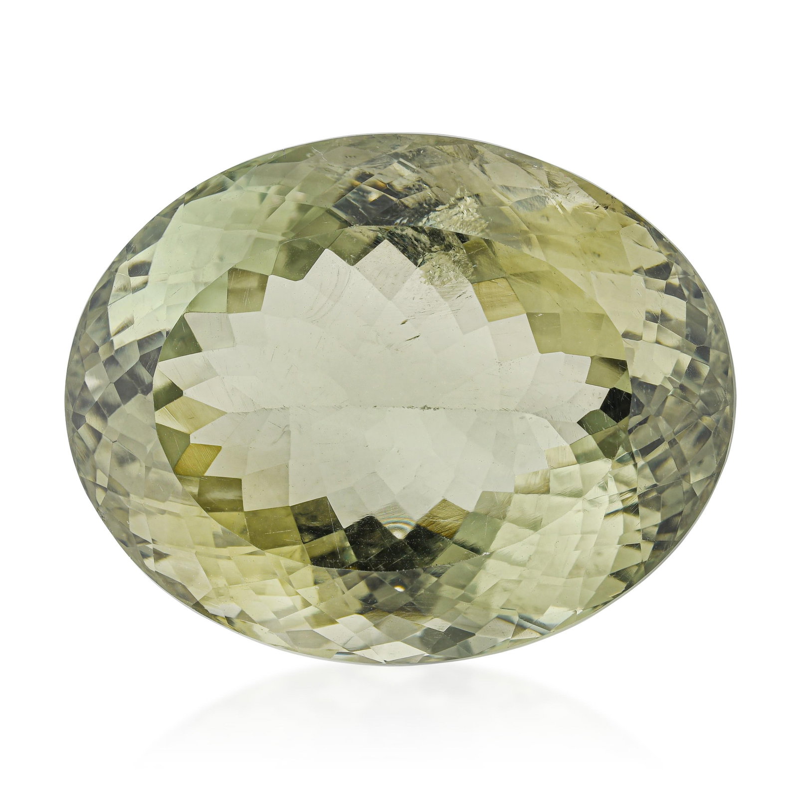 52.03-Carat Oval Fancy Cut Prasiolite: ESTIMATED RETAIL PRICE: $250* *This is the estimated value a piece of similar quality, craftsmanship, and characteristics could command at retail. At 52 carats, this oval prasiolite crosses from