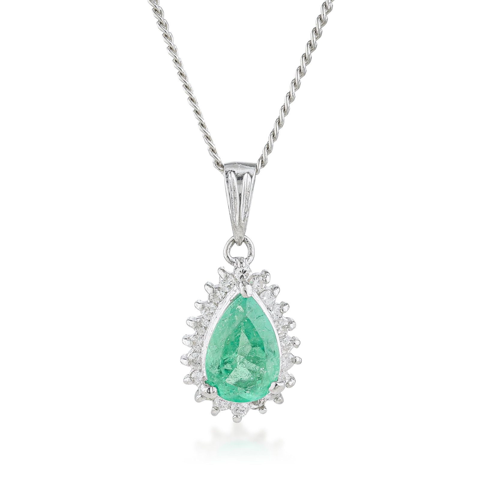 Emerald and Diamond Pendant Necklace: ESTIMATED RETAIL PRICE: $1,600* *This is the estimated value a piece of similar quality, craftsmanship, and characteristics could command at retail. A pear-shaped emerald pendant in platinum