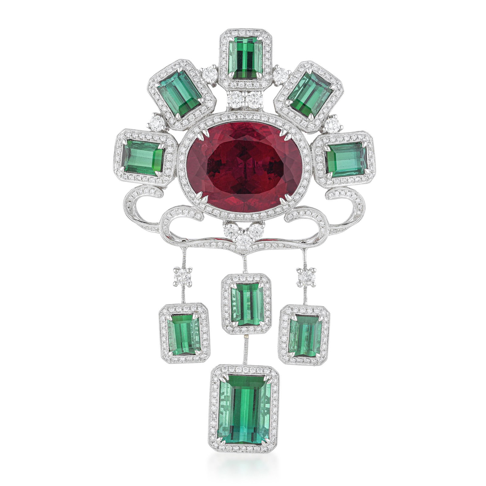 Rubellite Tourmaline and Diamond Brooch: ESTIMATED RETAIL PRICE: $105,000* *This is the estimated value a piece of similar quality, craftsmanship, and characteristics could command at retail. Summary of Key Characteristics • Metal: