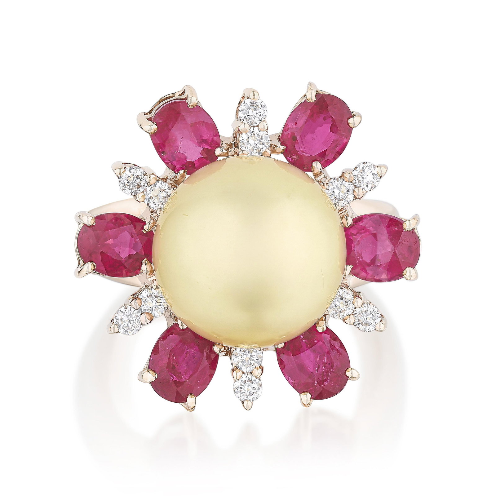Pearl Ruby and Diamond Floral Ring: ESTIMATED RETAIL PRICE: $7,250* *This is the estimated value a piece of similar quality, craftsmanship, and characteristics could command at retail. Rose gold and ruby is a warmth-upon-warmth
