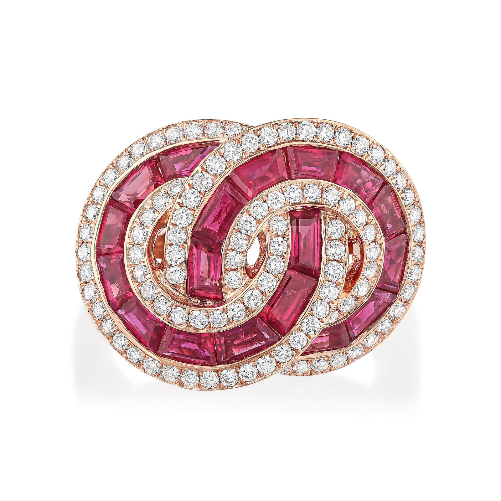 Ruby and Diamond Interlocking Circle Ring: ESTIMATED RETAIL PRICE: $7,000* *This is the estimated value a piece of similar quality, craftsmanship, and characteristics could command at retail. Tapered baguette rubies demand precision from the