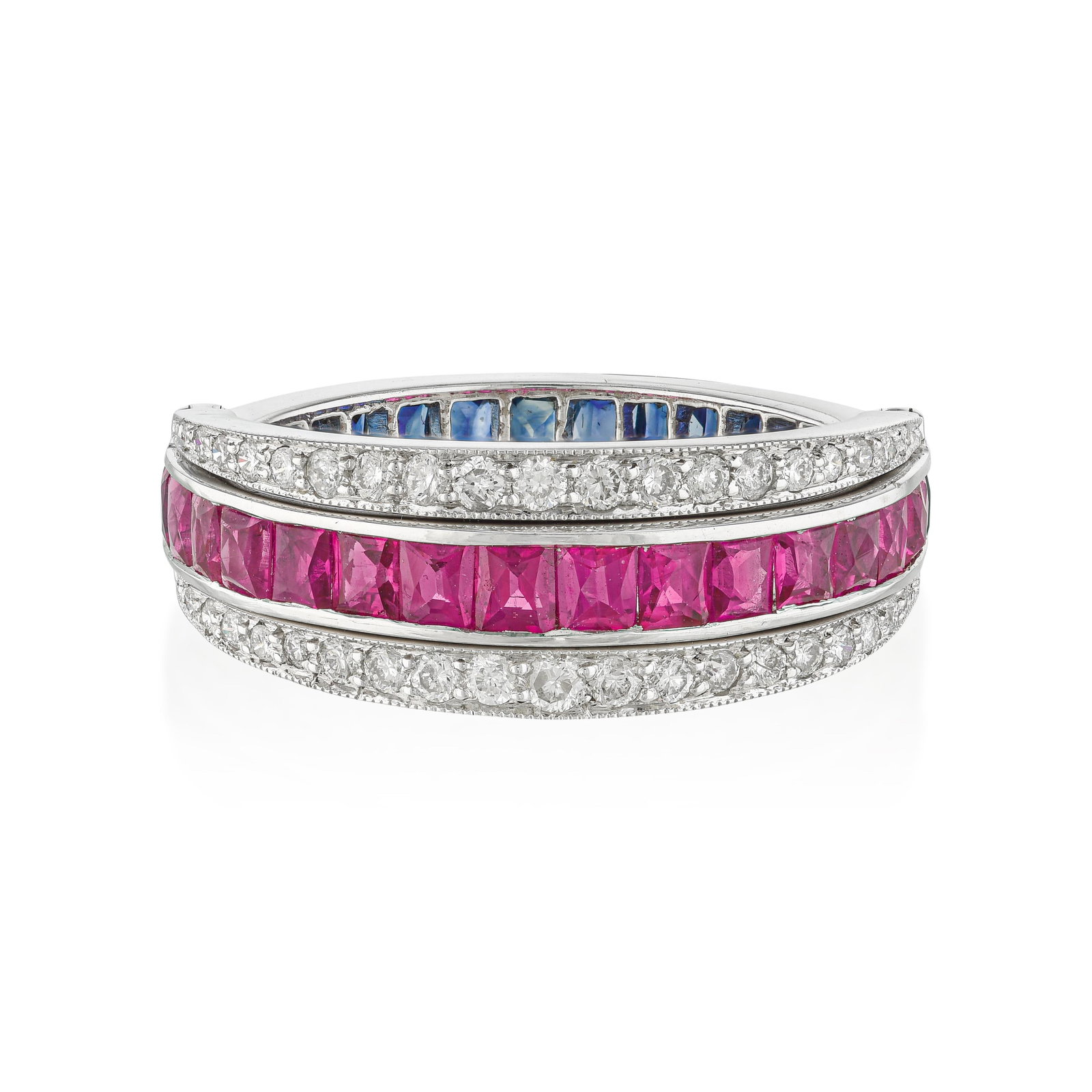 Ruby Sapphire and Diamond Versatility Band: ESTIMATED RETAIL PRICE: $4,500* *This is the estimated value a piece of similar quality, craftsmanship, and characteristics could command at retail. French cutting dates to the Art Deco period, when