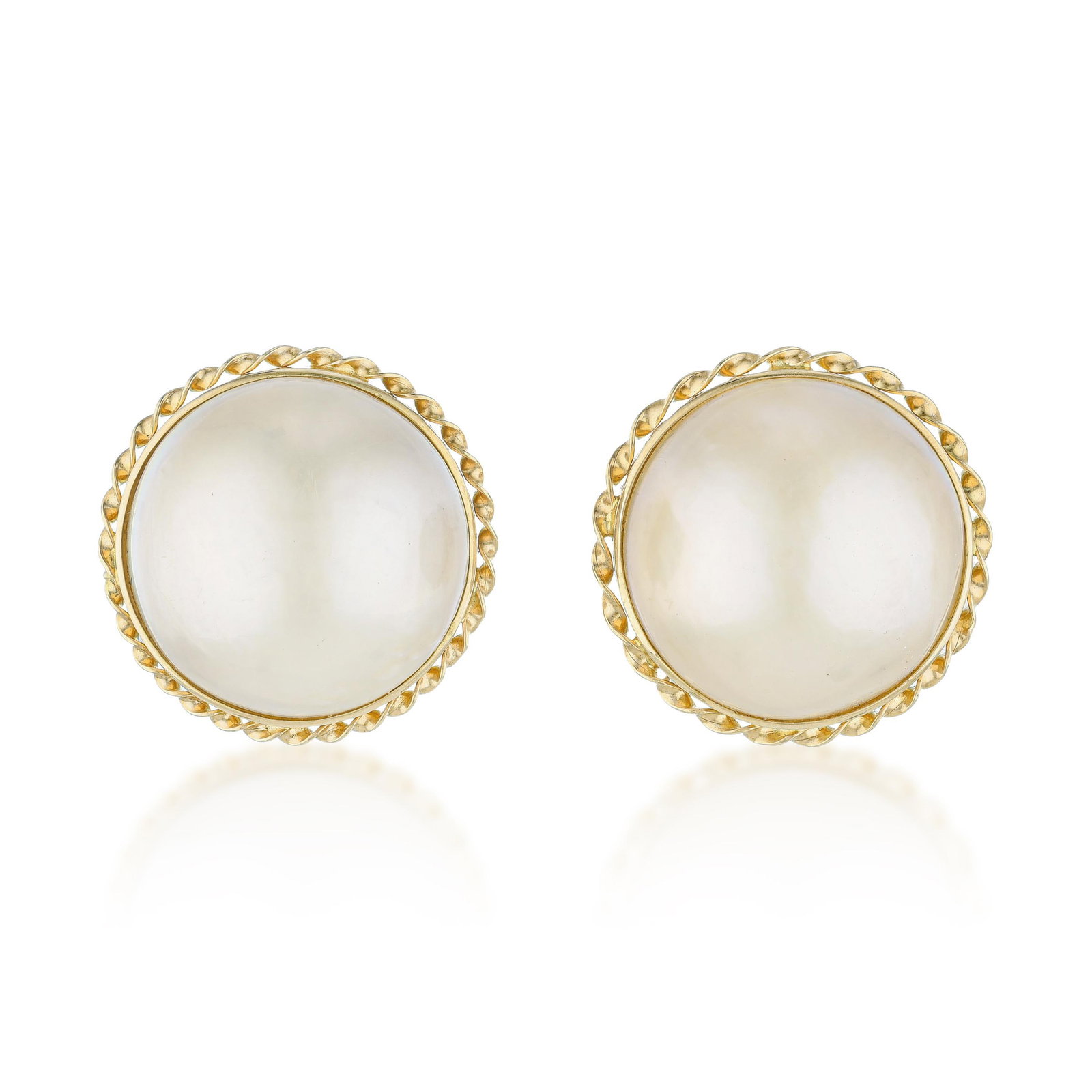 Mabe Pearl Earrings - No Reserve Lot: ESTIMATED RETAIL PRICE: $2,200* *This is the estimated value a piece of similar quality, craftsmanship, and characteristics could command at retail. Mabe pearl earrings in 14K yellow gold at