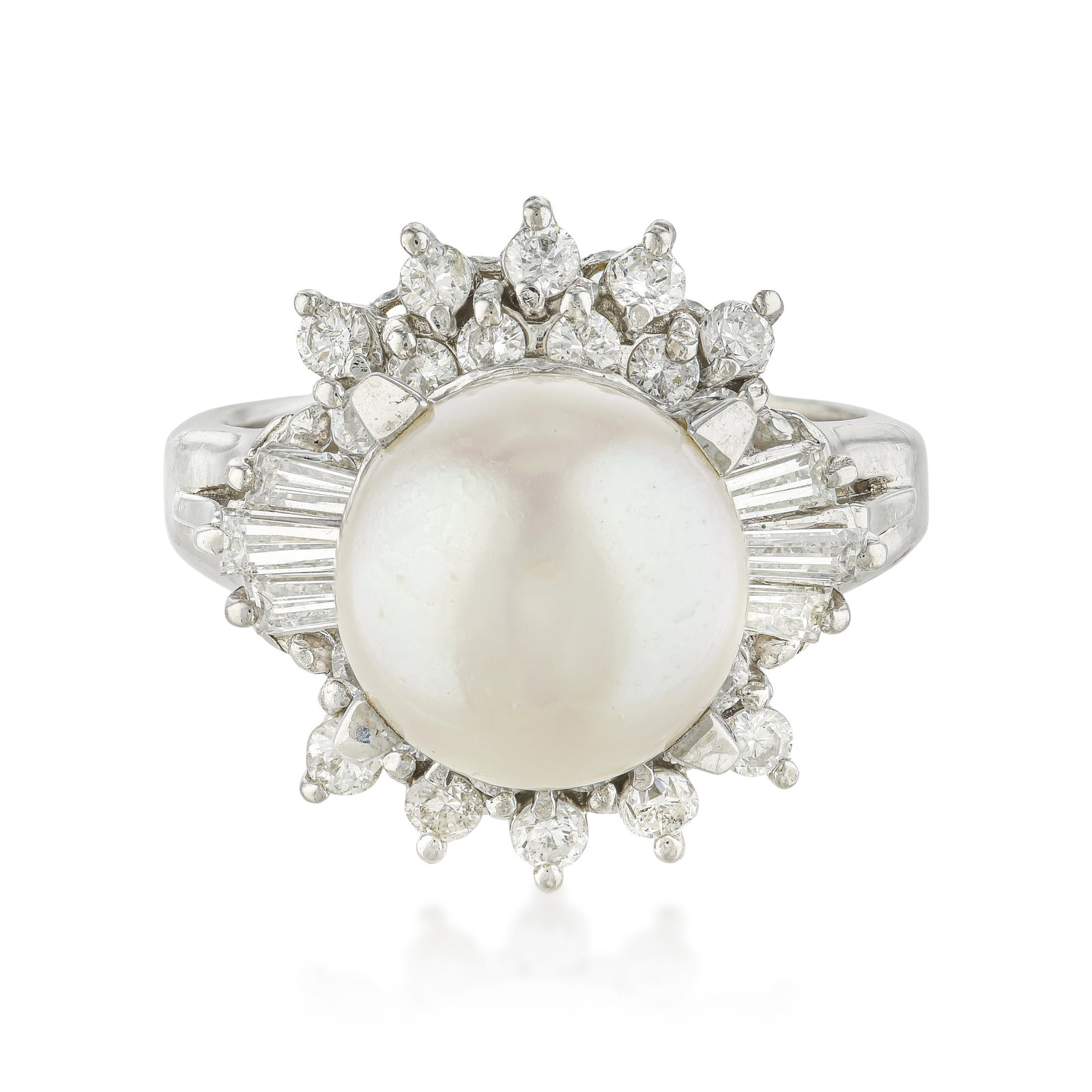 Pearl and Diamond Ring: ESTIMATED RETAIL PRICE: $2,200* *This is the estimated value a piece of similar quality, craftsmanship, and characteristics could command at retail. An 8mm round pearl in platinum with