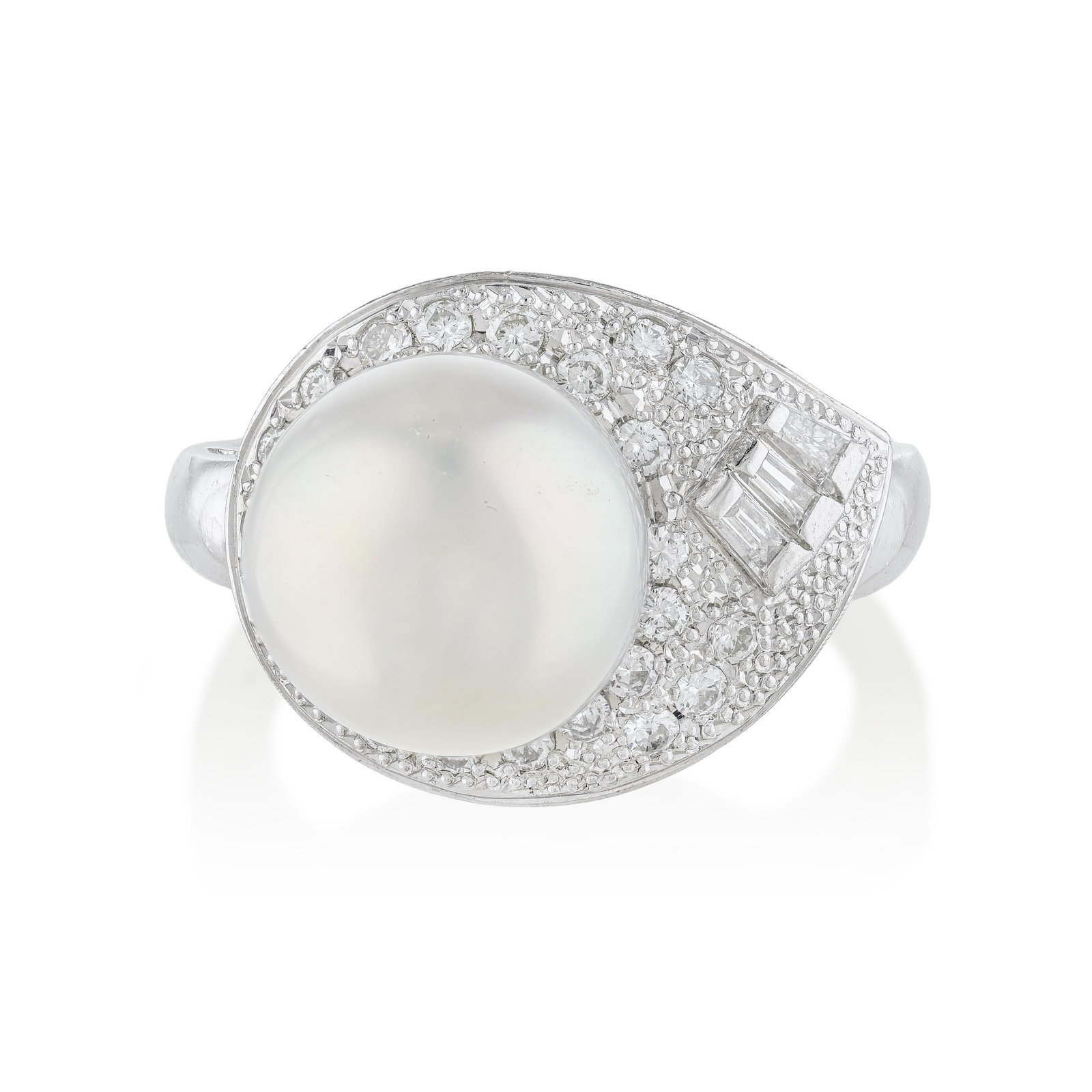 Pearl and Diamond Ring: ESTIMATED RETAIL PRICE: $2,200* *This is the estimated value a piece of similar quality, craftsmanship, and characteristics could command at retail. A 9mm white pearl in platinum with