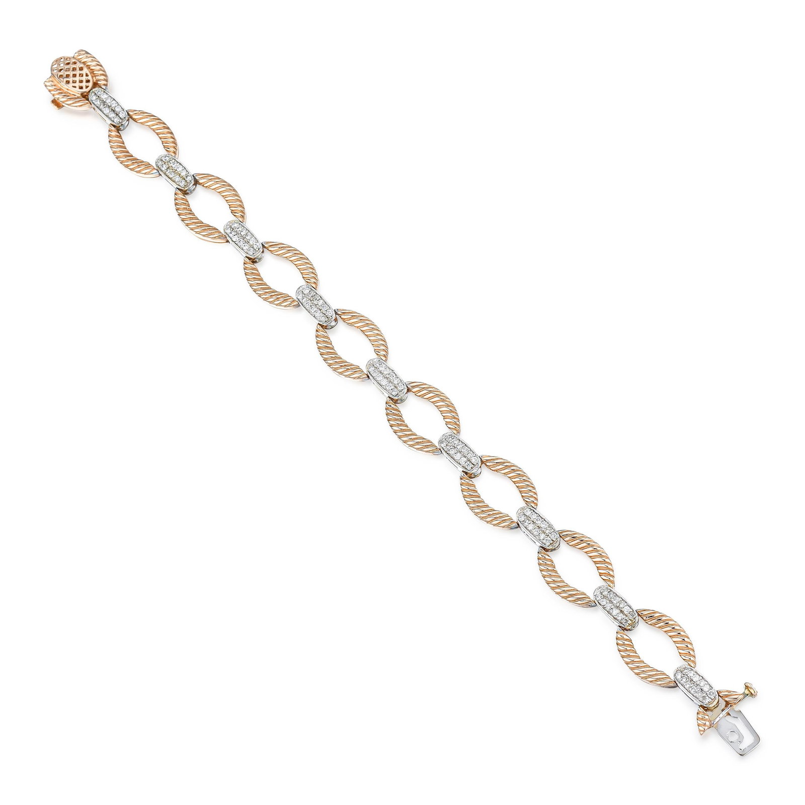 Diamond Oval Cable Link Bracelet: ESTIMATED RETAIL PRICE: $6,250* *This is the estimated value a piece of similar quality, craftsmanship, and characteristics could command at retail. White and rose gold together create a visual