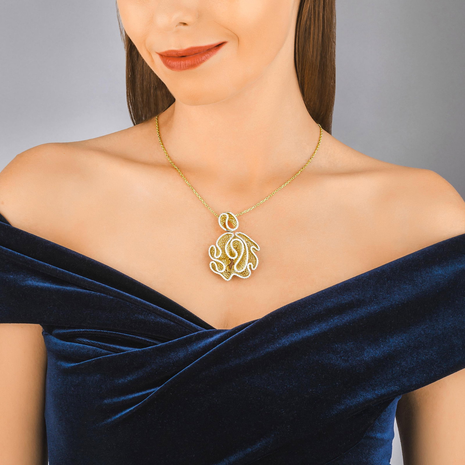 Diamond Ribbon Pendant Necklace: ESTIMATED RETAIL PRICE: $6,750* *This is the estimated value a piece of similar quality, craftsmanship, and characteristics could command at retail. The pendant proportions here, over 2 inches wide