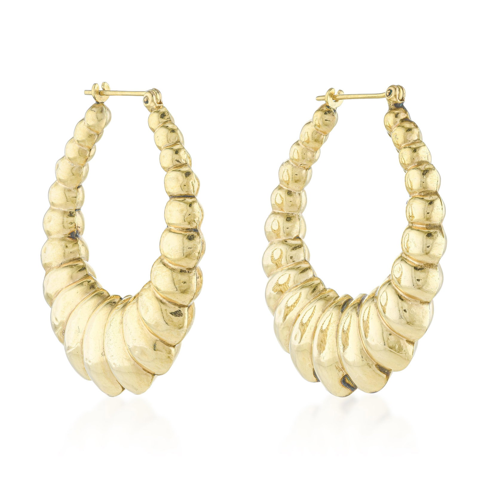 Fluted Gold Earrings: ESTIMATED RETAIL PRICE: $1,400* *This is the estimated value a piece of similar quality, craftsmanship, and characteristics could command at retail. Yellow gold worn and tarnished and dented in the