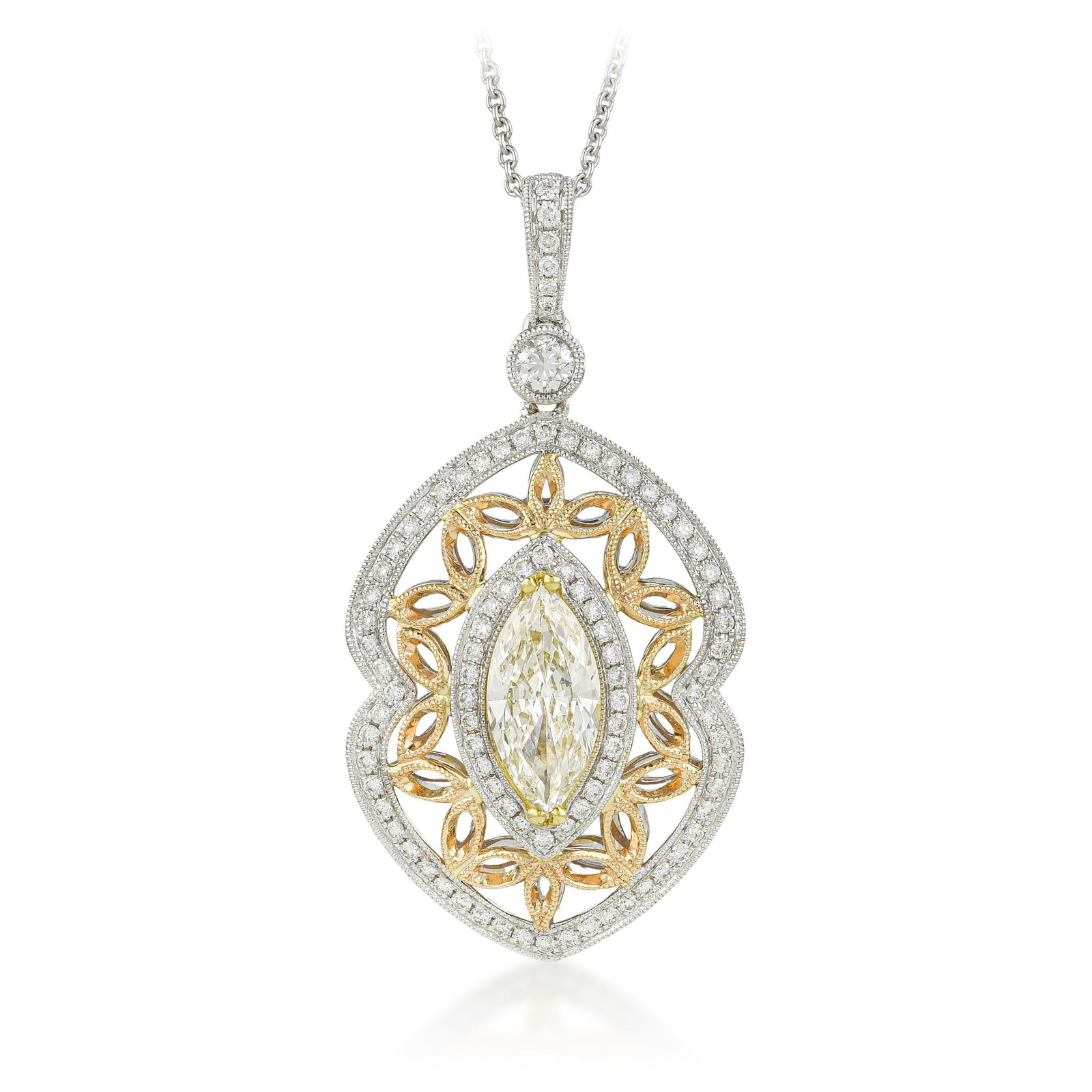 Marquise Cut Diamond Pendant Necklace: ESTIMATED RETAIL PRICE: $17,500* *This is the estimated value a piece of similar quality, craftsmanship, and characteristics could command at retail. Summary of Key Characteristics • Metal: