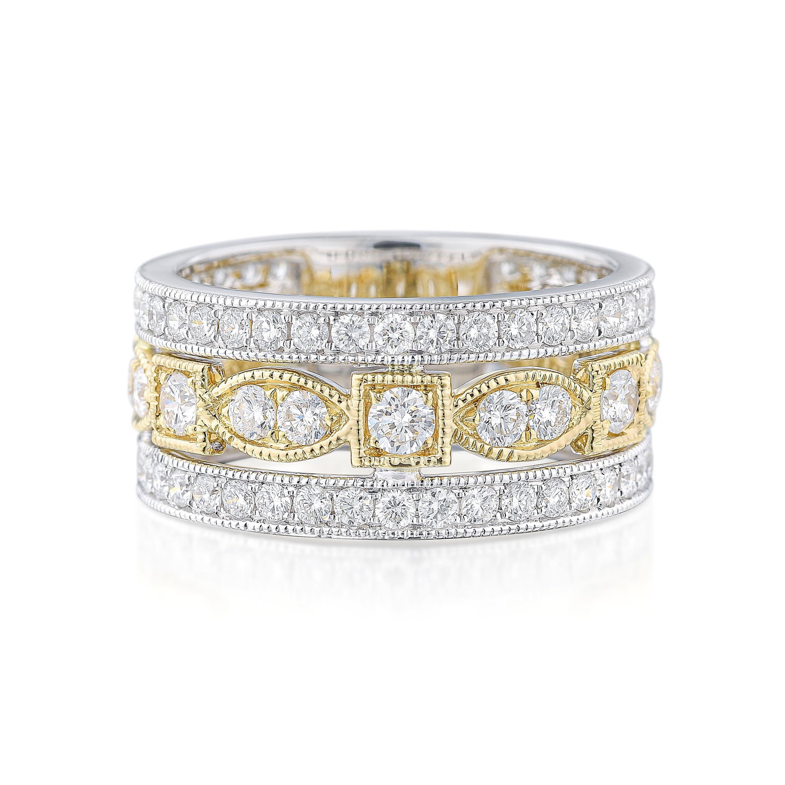 Three-Row Diamond Eternity Band: ESTIMATED RETAIL PRICE: $5,000* *This is the estimated value a piece of similar quality, craftsmanship, and characteristics could command at retail. White and yellow gold in one ring creates a