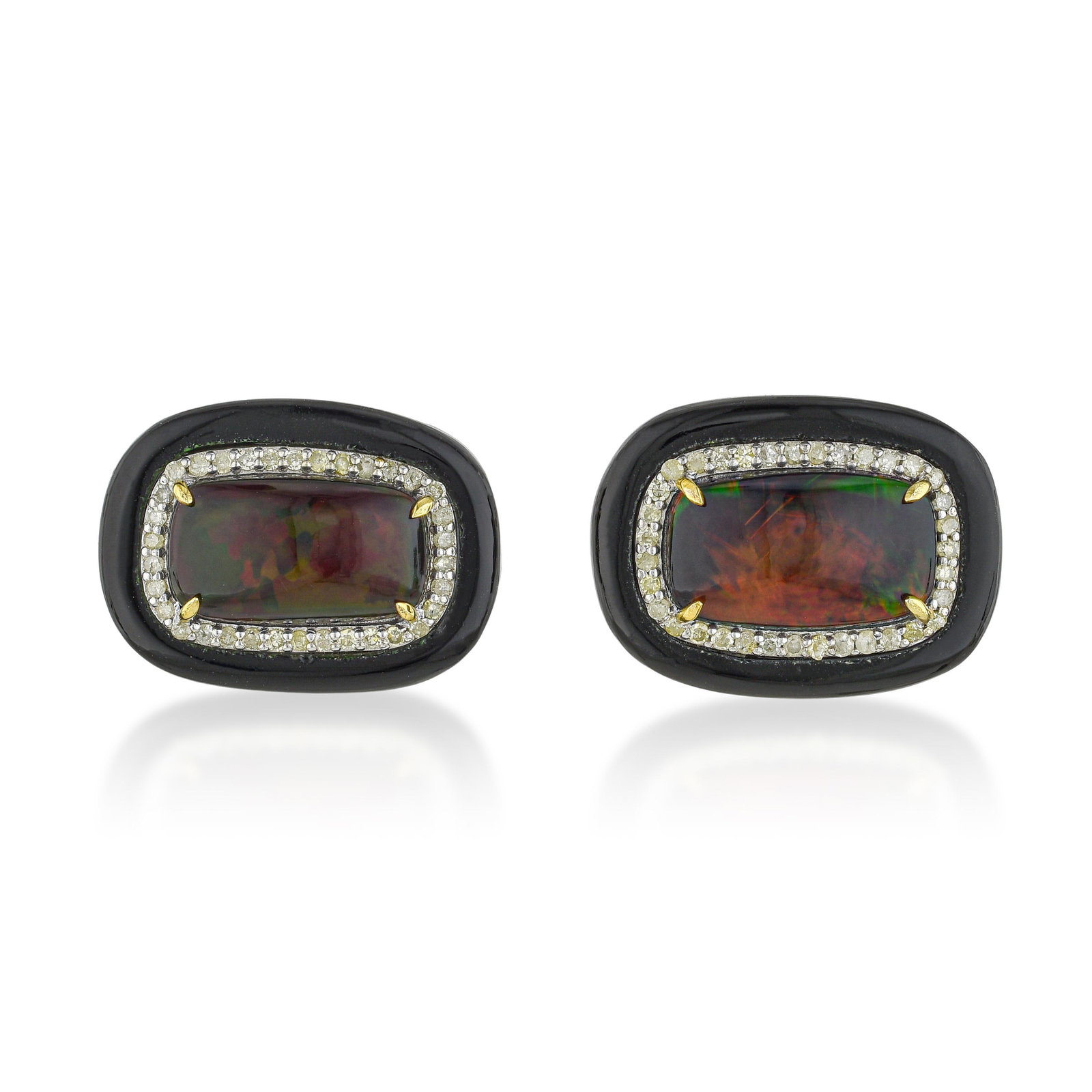 Black Opal Onyx and Diamond Earrings: ESTIMATED RETAIL PRICE: $2,800* *This is the estimated value a piece of similar quality, craftsmanship, and characteristics could command at retail. Black opal is among the most optically theatrical