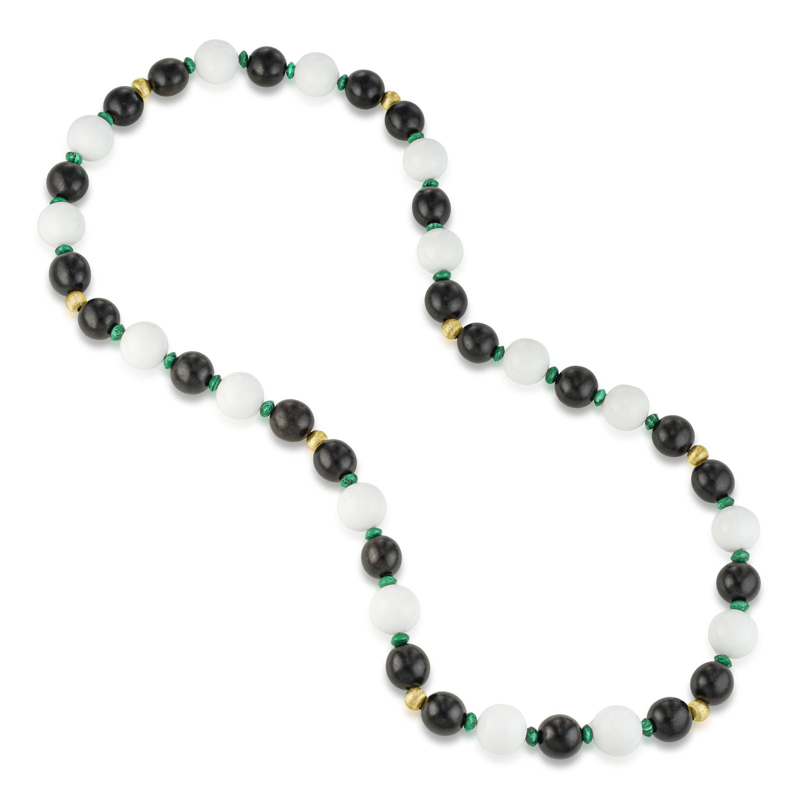 Ebony Malachite and Yellow Gold Beaded Necklace: ESTIMATED RETAIL PRICE: $2,400**This is the estimated value a piece of similar quality, craftsmanship, and characteristics could command at retail.Four materials in measured dialogue across 30 inches: