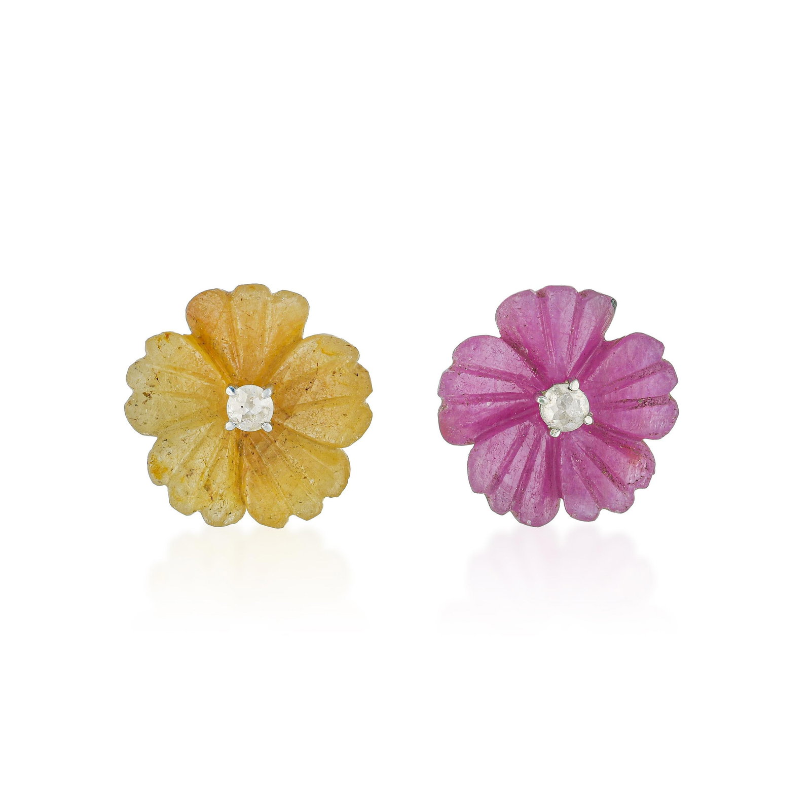 Hand Carved Pink and Yellow Sapphire and Diamond Earrings: ESTIMATED RETAIL PRICE: $1,600* *This is the estimated value a piece of similar quality, craftsmanship, and characteristics could command at retail. Sapphire is among the hardest gem materials in